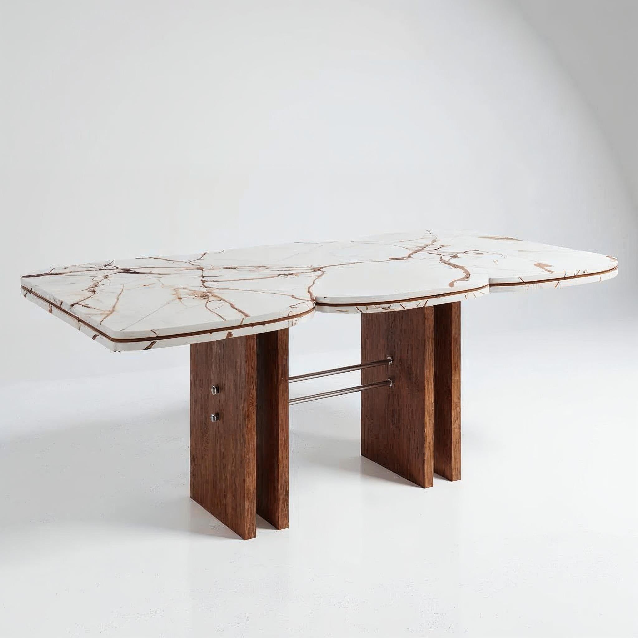 Rood Dining Table in Walnut with Brass Detailing and Marble Base by VandaVee In New Condition For Sale In London, GB