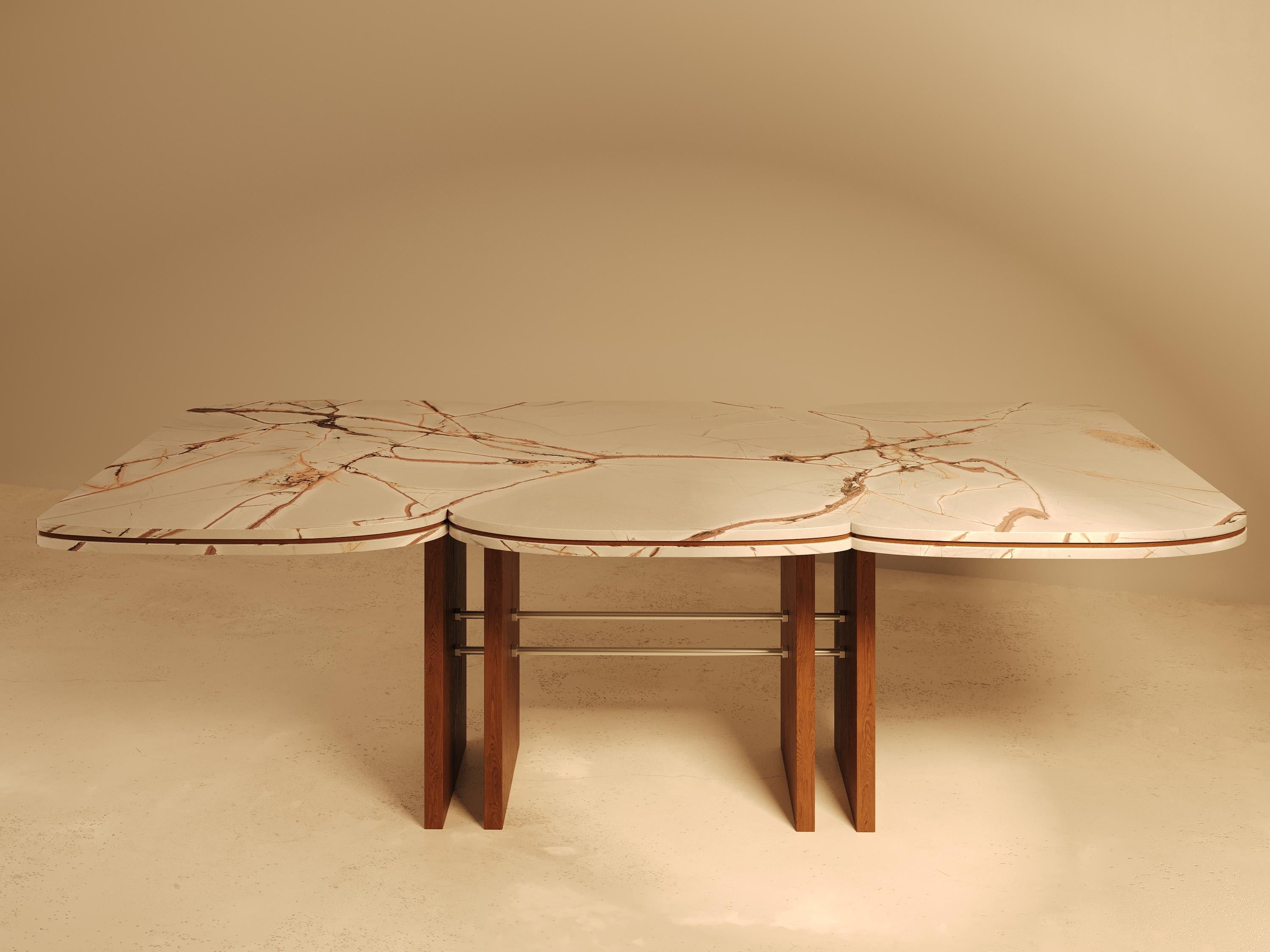 Contemporary Rood Dining Table in Walnut with Brass Detailing and Marble Base by VandaVee For Sale