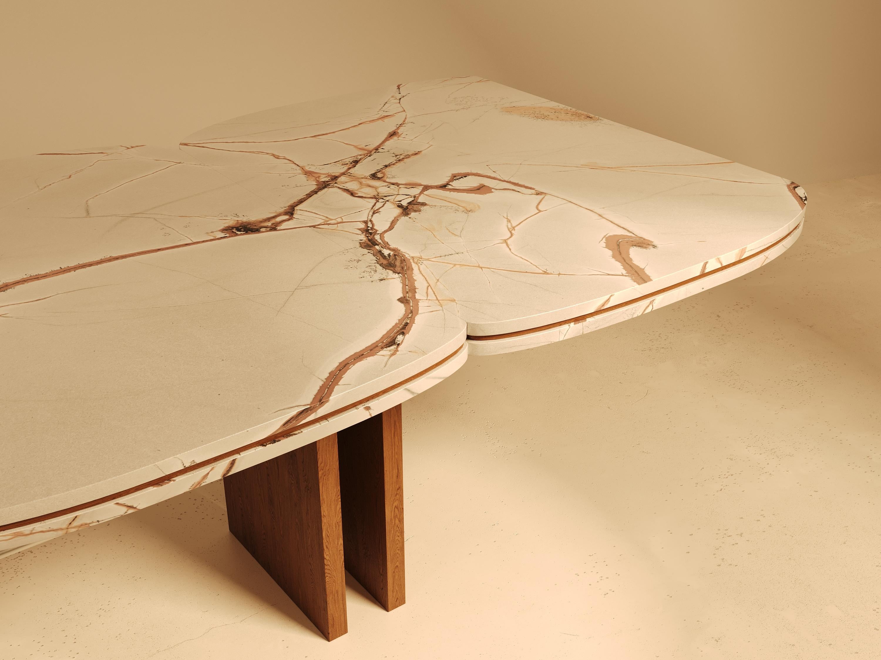 Rood Dining Table in Walnut with Brass Detailing and Marble Base by VandaVee For Sale 1