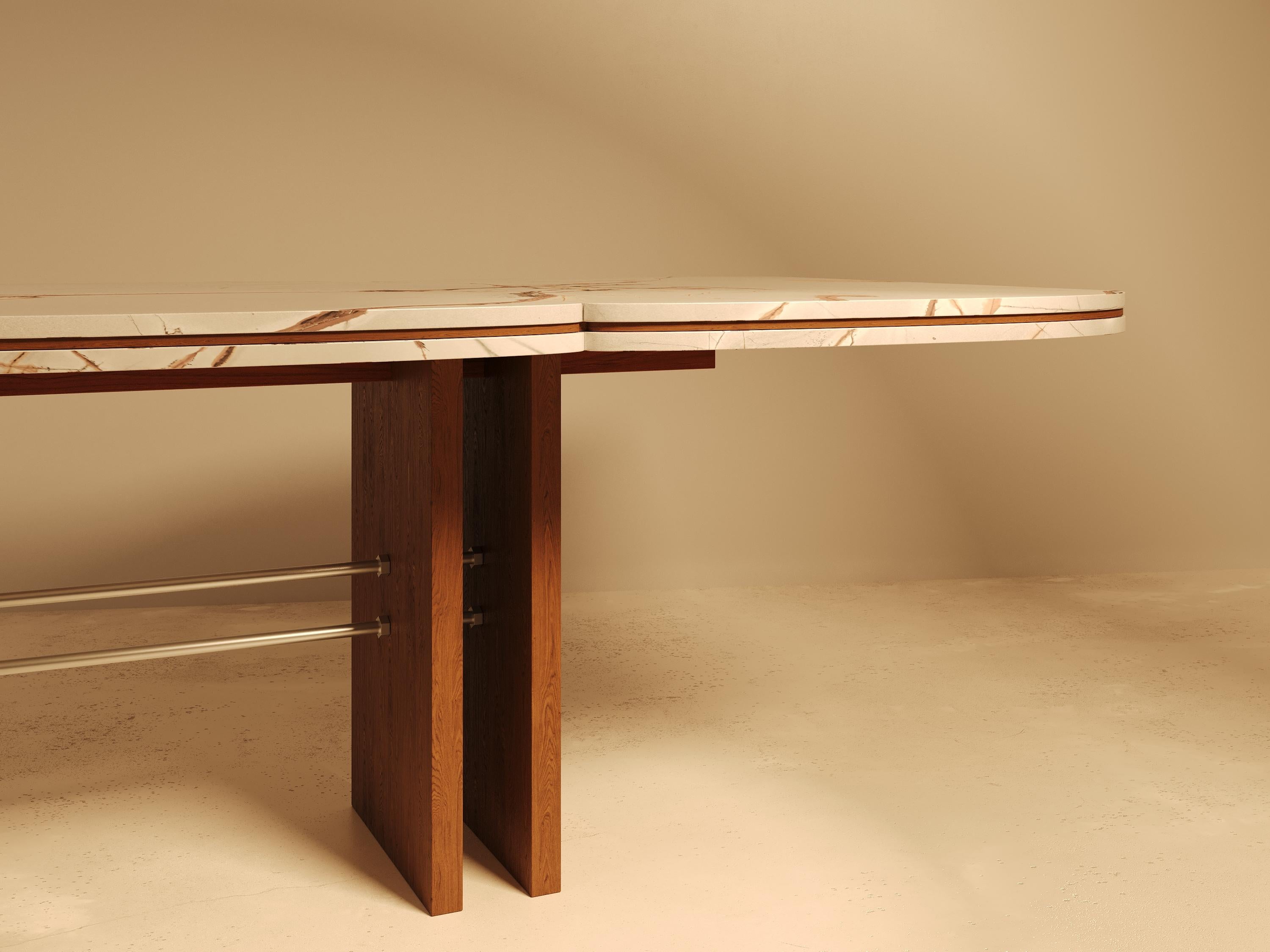Rood Dining Table in Walnut with Brass Detailing and Marble Base by VandaVee For Sale 2
