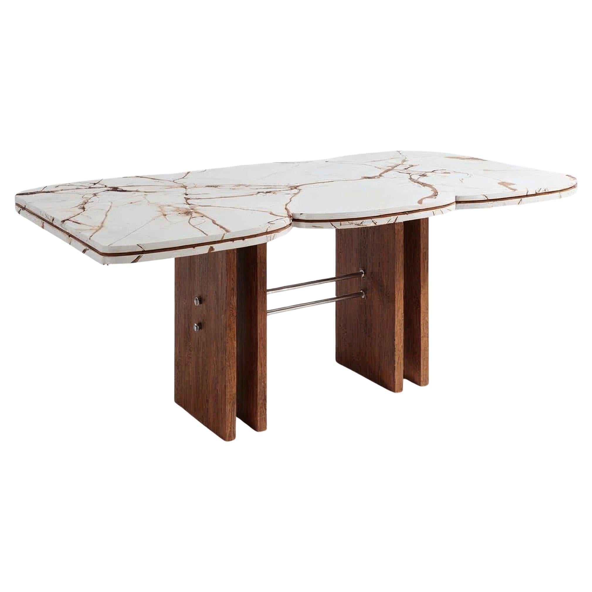 Rood Dining Table in Walnut with Brass Detailing and Marble Base by VandaVee For Sale