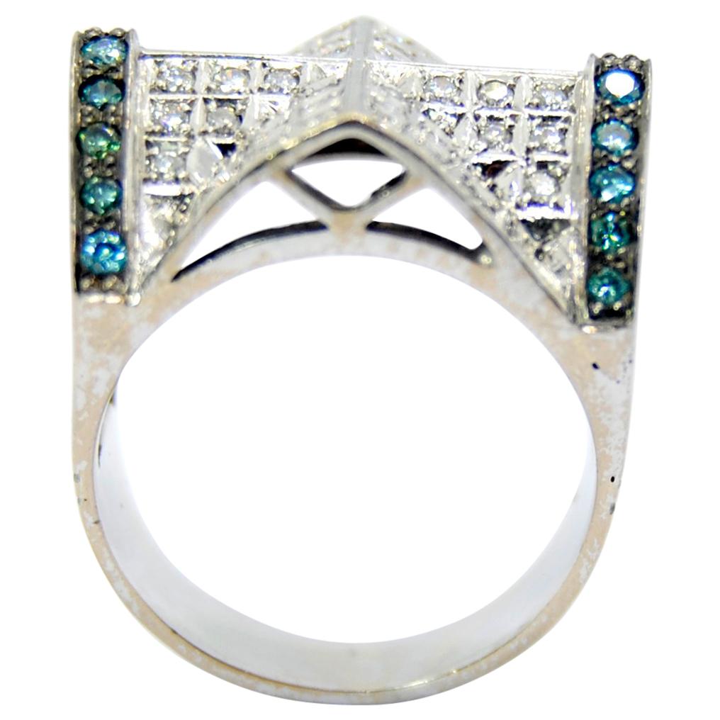 Roof Design 18k white gold with Blue and white  Diamonds Ring