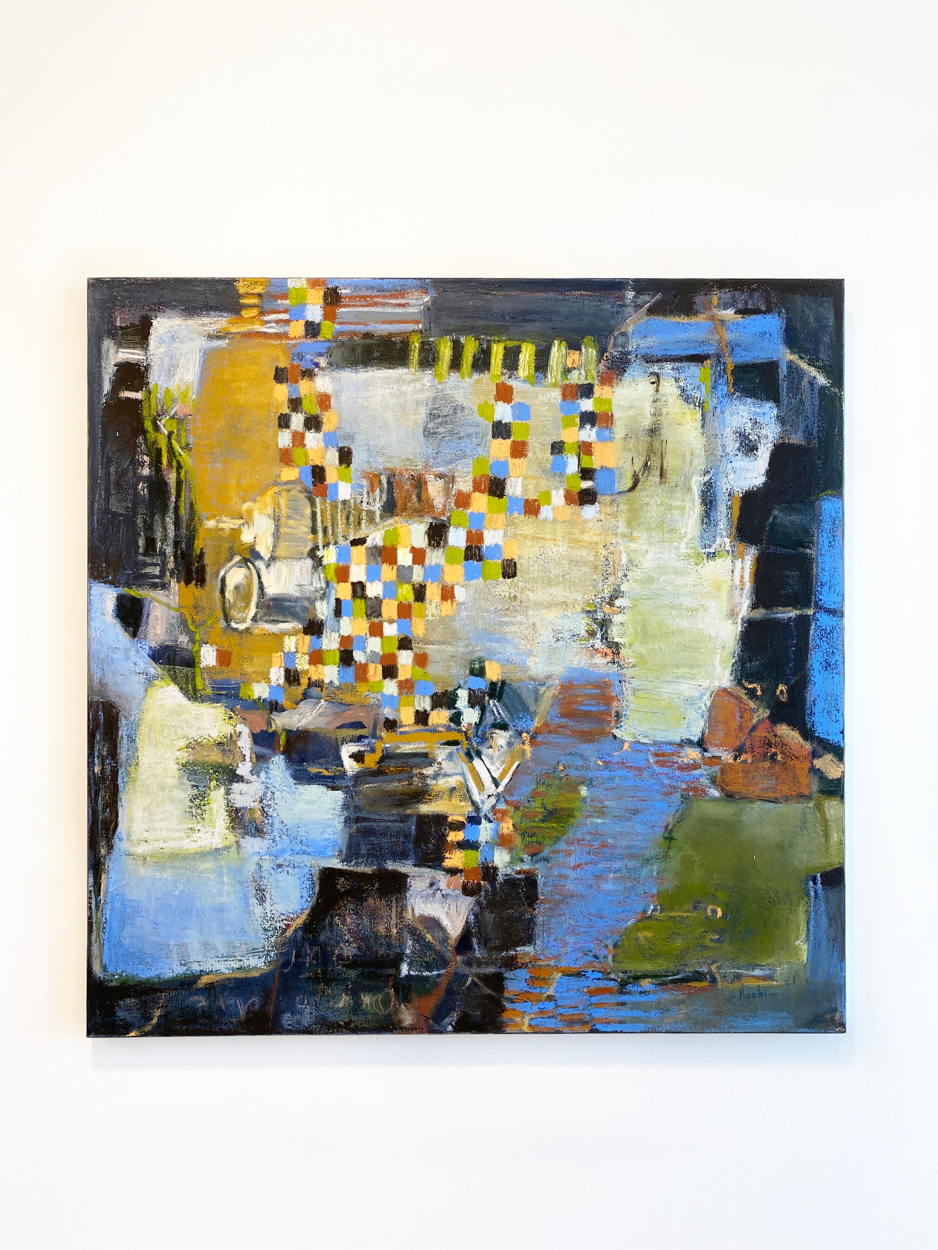 Available at Madelyn Jordon Fine Art.  'Stronger Together' 2022 by Roohi Saleem. Oil and oil sticks on canvas, 40 x 40 in. This colorful painting is constructed as a dense compostition of abstract forms, featuring various shades of yellow, green,