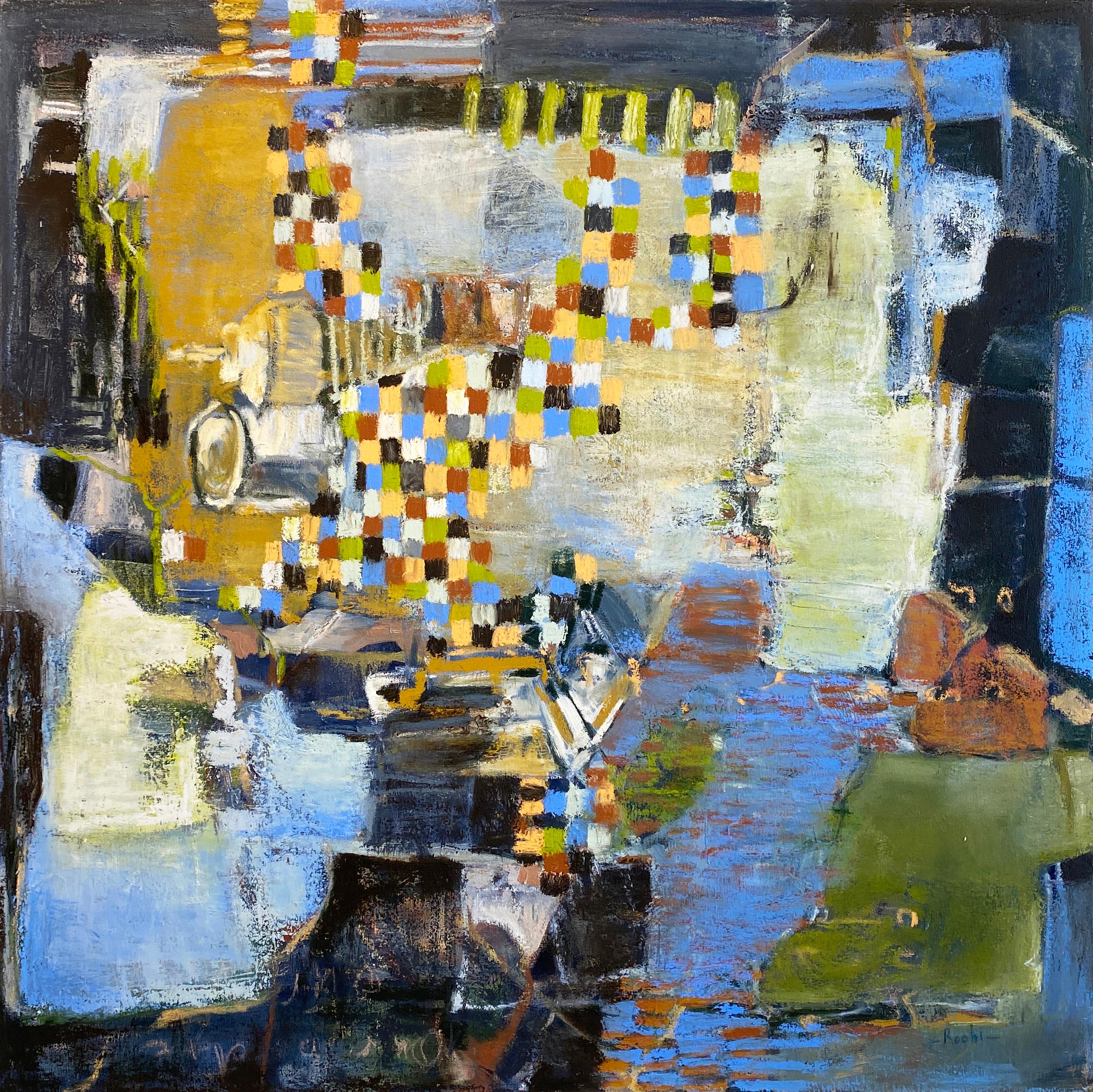 Disponibile su Madelyn Jordon Fine Art.  Stronger Together" 2022 di Roohi Saleem. Olio e bastoncini d'olio su tela, 40 x 40 pollici. Questo dipinto colorato è costruito come una densa composizione di forme astratte, con varie tonalità di giallo,