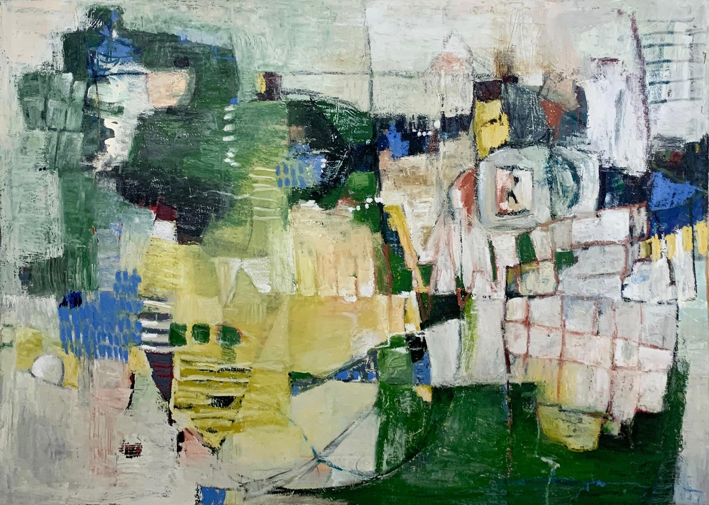 La ruta a casa" 2022 de Roohi Saleem. Óleo y óleo en barra sobre lienzo, 44 x 62 pulgadas. Este colorido cuadro está construido como una densa composición de formas abstractas, con varios tonos de verde y amarillo, así como detalles en blanco, rojo,