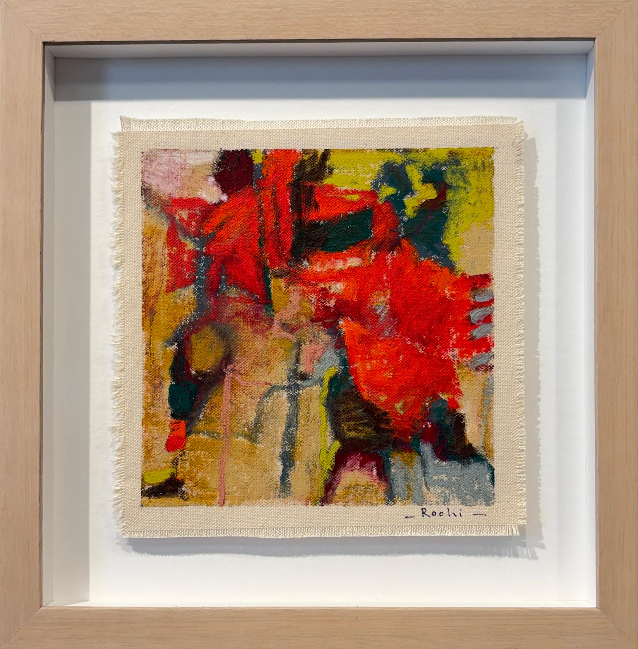 Colorful, Framed, Abstract Oil Pastel on canvas 'Vermilion 1'