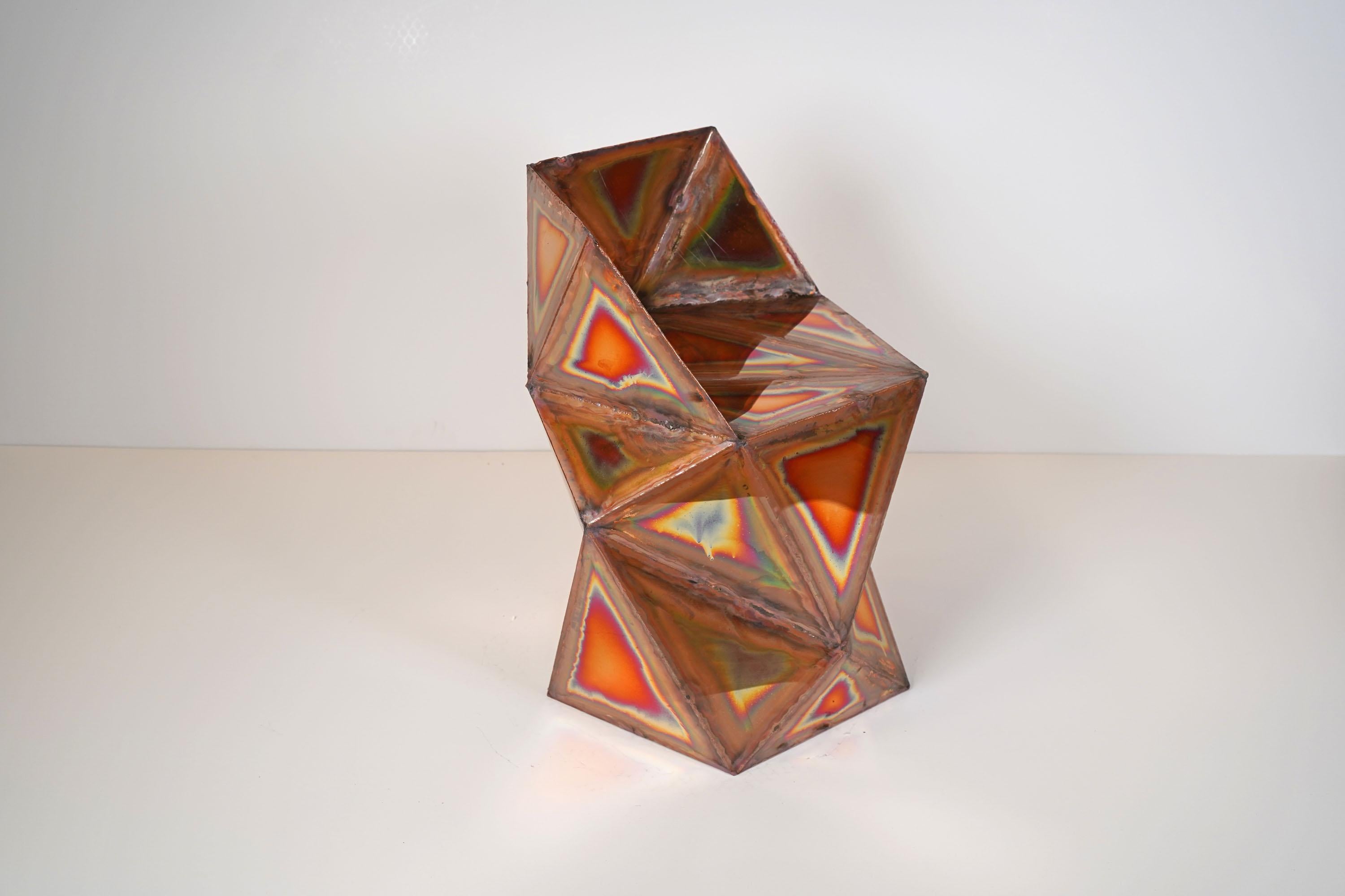 Rook Chair in Welded Mirror-Polished Copper by Julian Mayor
Limited Edition of 8 + 4AP.
Dimensions: D 48 x W 50 x H 68 cm. 
Materials: Mirror-polished copper.

Julian Mayor is a British artist and designer renowned for his sculptural works crafted