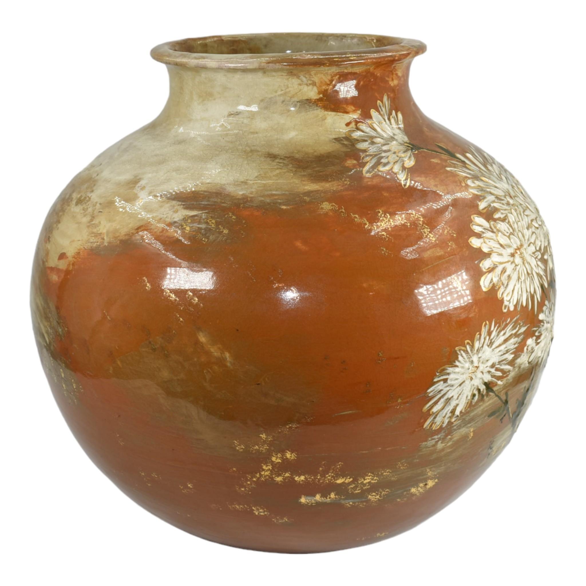 Rookwood 1833 Vintage Pottery Limoges Orange Chrysanthemum Jardiniere Fry In Good Condition For Sale In East Peoria, IL