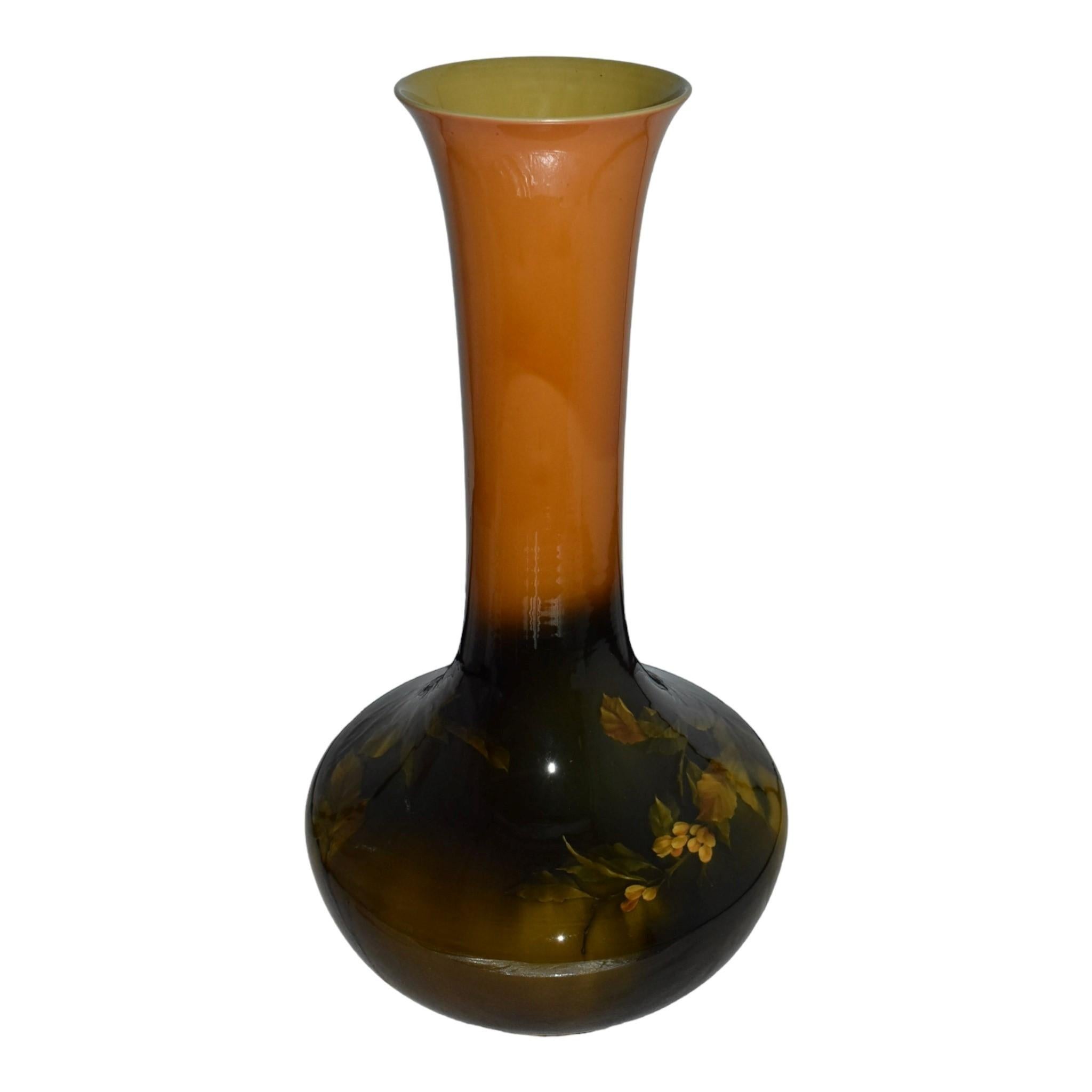 Rookwood 1889 Vintage Art Pottery Hand Painted Ceramic Floor Vase 463A Valentien
Monumental hand-painted standard glaze floor vase with flowers and leaves by Albert Valentien.
It shows very well with a drill hole and tight crack across the base