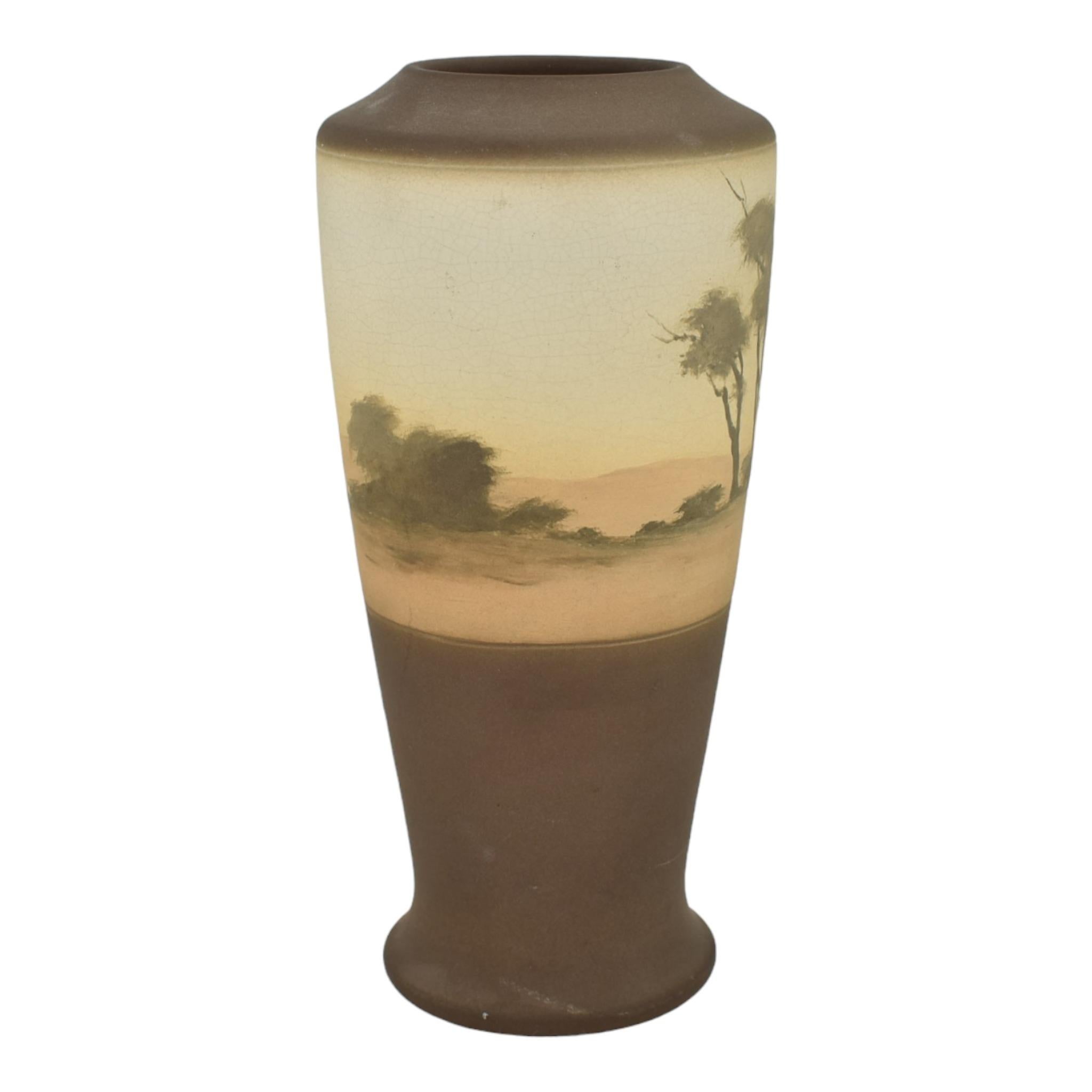 Rookwood 1912 Art Pottery Decorated Green Vellum Scenic Brown Vase 1663D Asbury  In Good Condition For Sale In East Peoria, IL