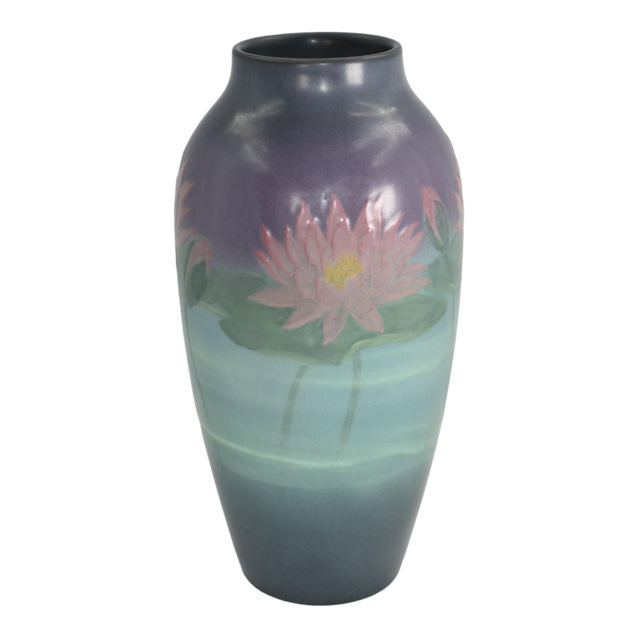 Rookwood 1925 Vintage Arts And Crafts Pottery Ceramic Flower Vase 977 (Hurley)
Tall and rare carved vellum hand painted vase with a beautiful water lilies in water design by Edward Hurley in 1925.
Excellent original condition. No chips, cracks,