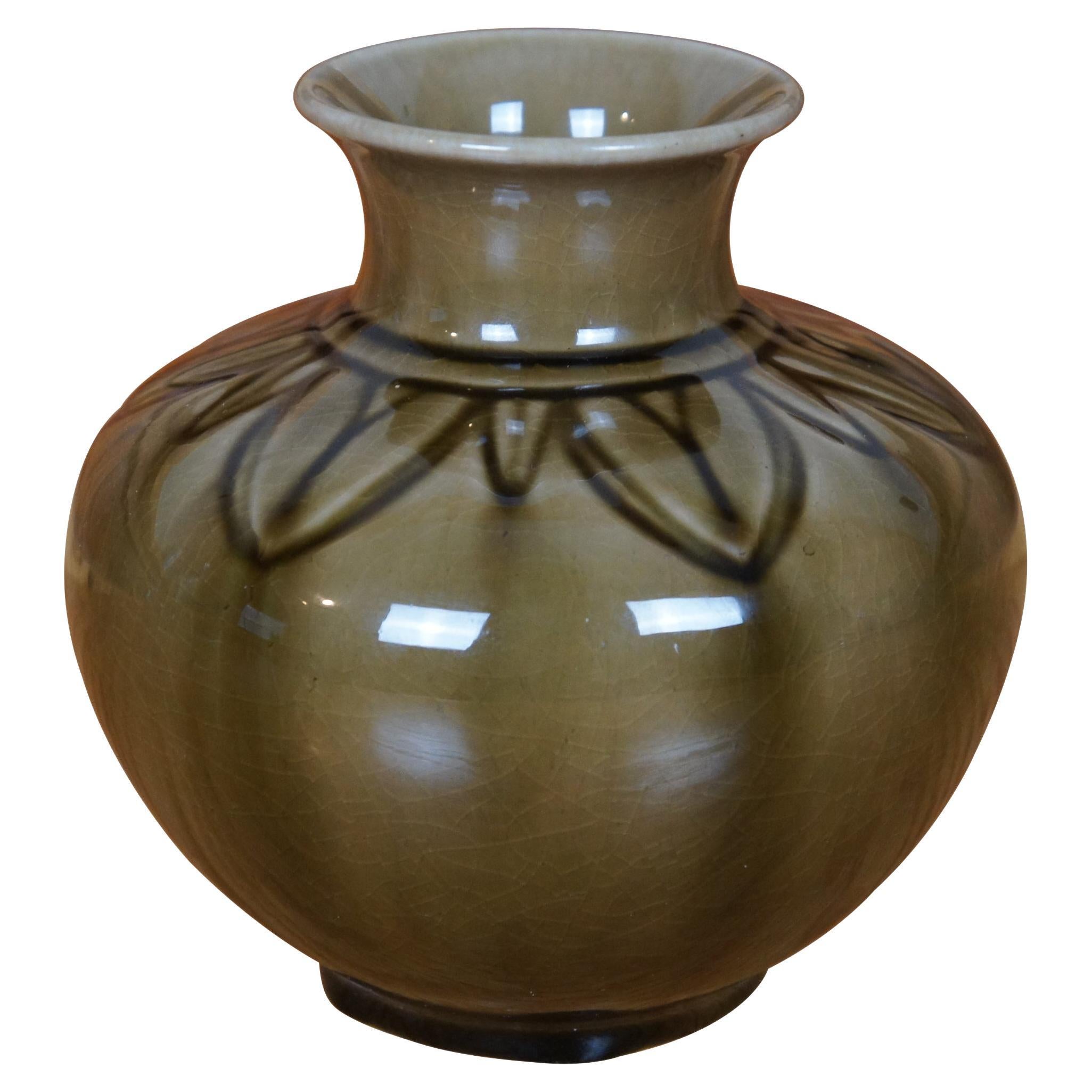 Rookwood 1951 LI 7062 Green Brown Glaze Bulbous Bud Vase 5"
