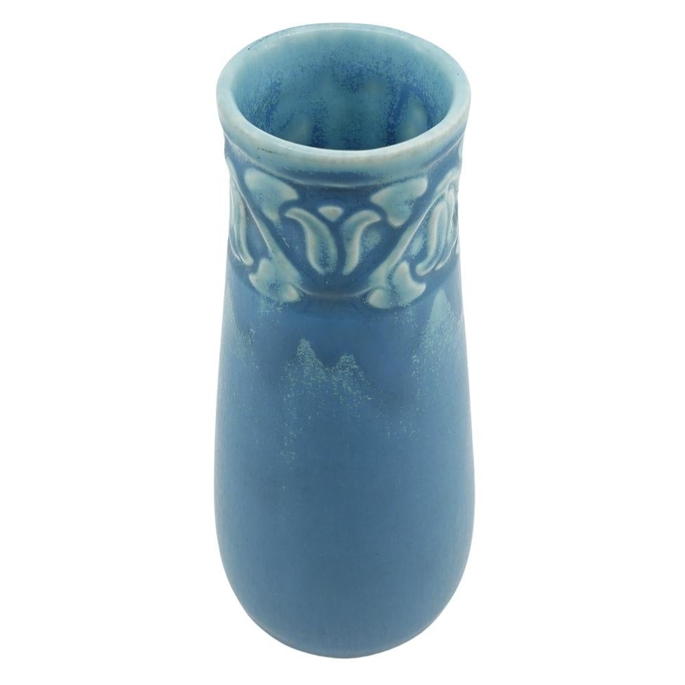 Arts and Crafts Rookwood American Art Pottery Light Blue Incised Floral Design Vase - 1928 For Sale