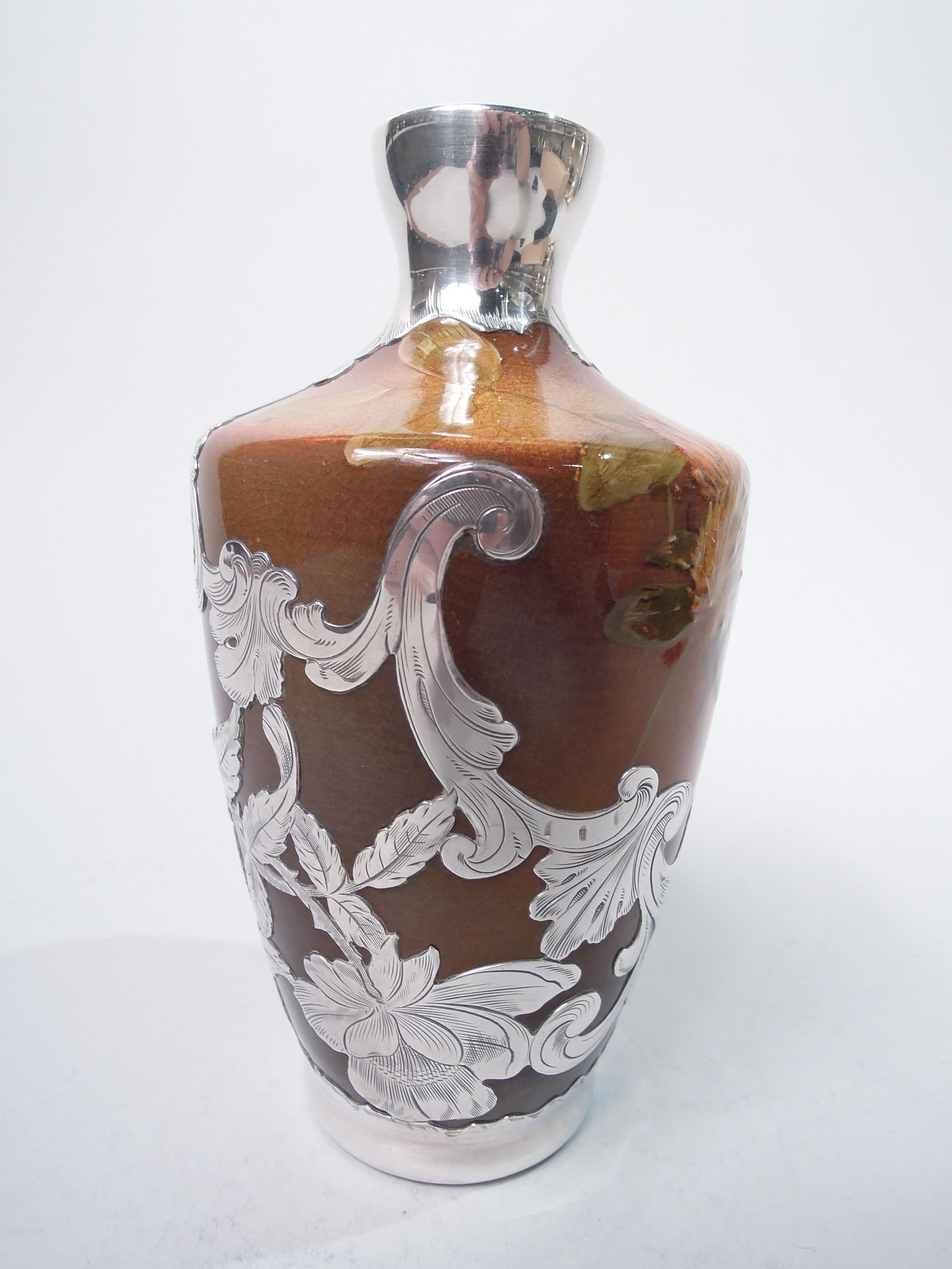 American Rookwood Art Nouveau Craftsman Silver Overlay Clover Vase