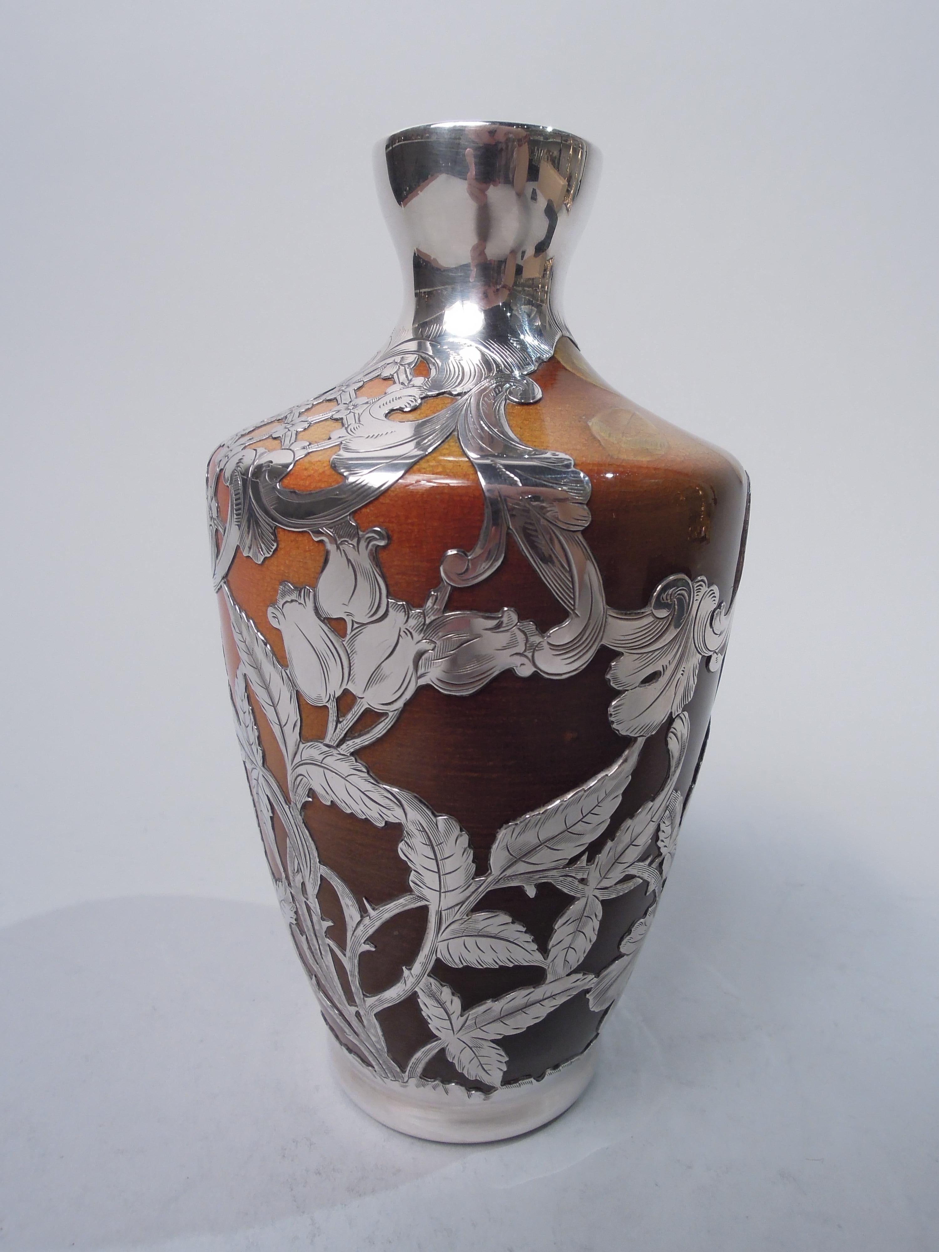 Glazed Rookwood Art Nouveau Craftsman Silver Overlay Clover Vase