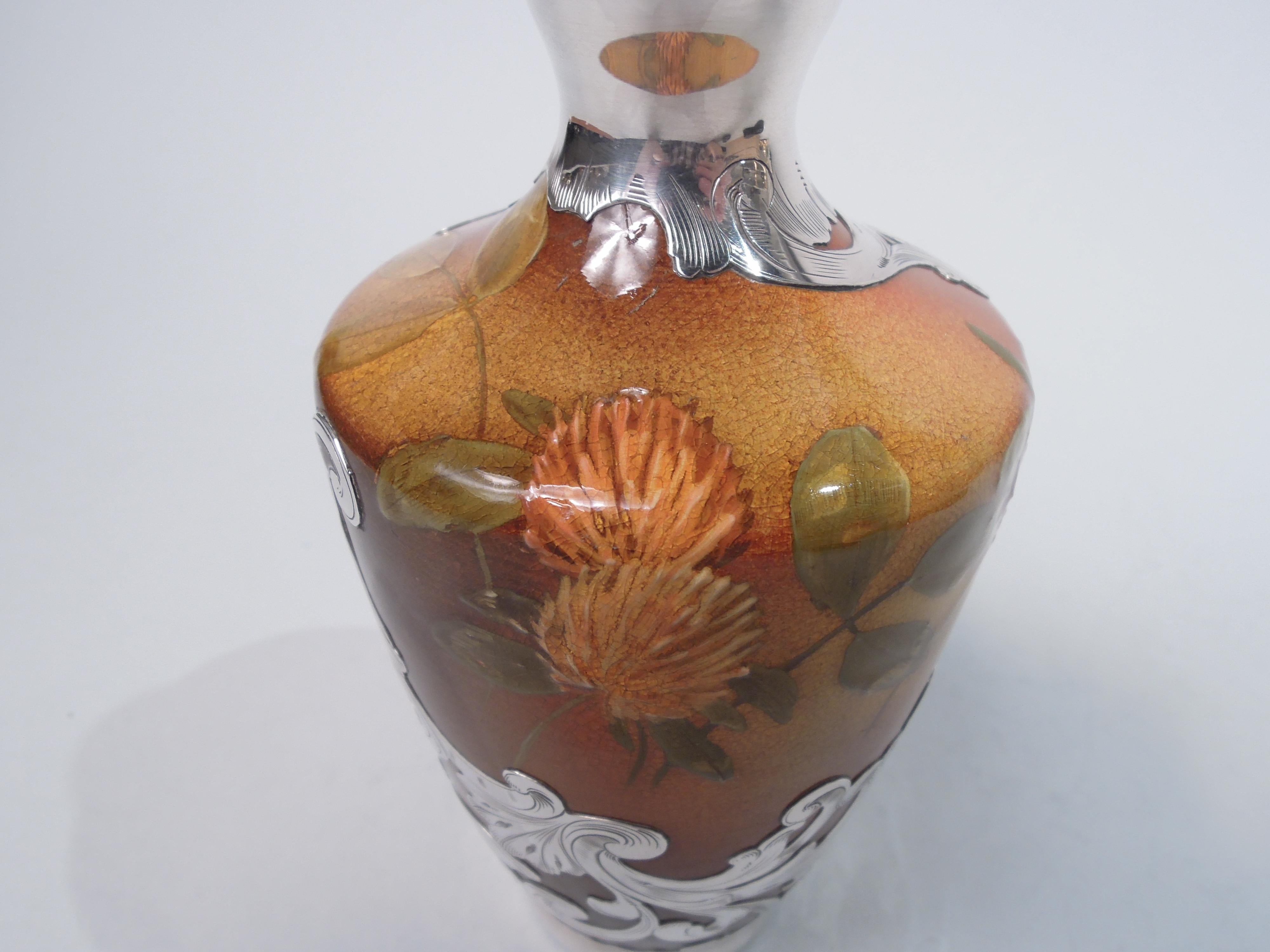 Late 19th Century Rookwood Art Nouveau Craftsman Silver Overlay Clover Vase