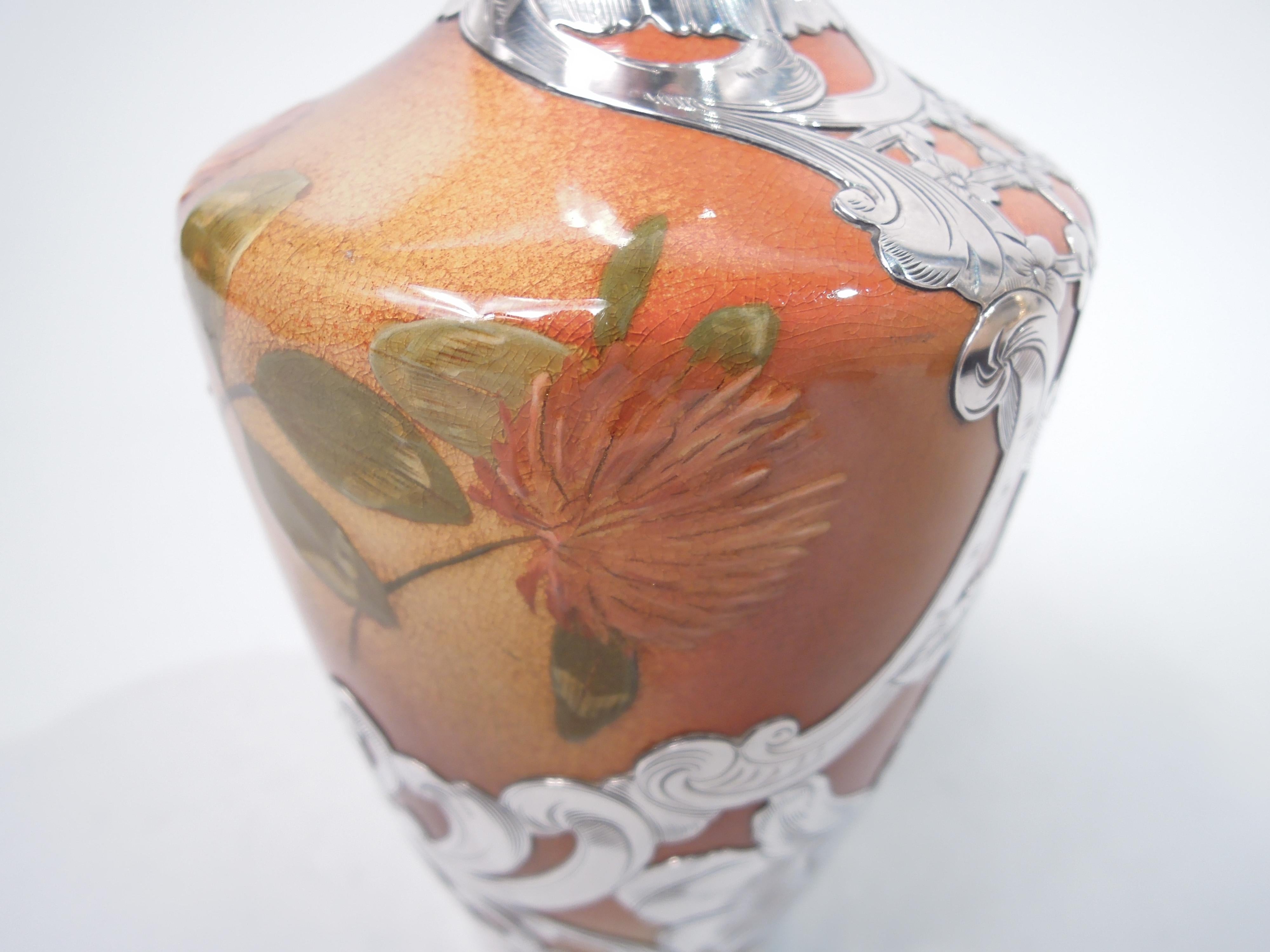 Pottery Rookwood Art Nouveau Craftsman Silver Overlay Clover Vase
