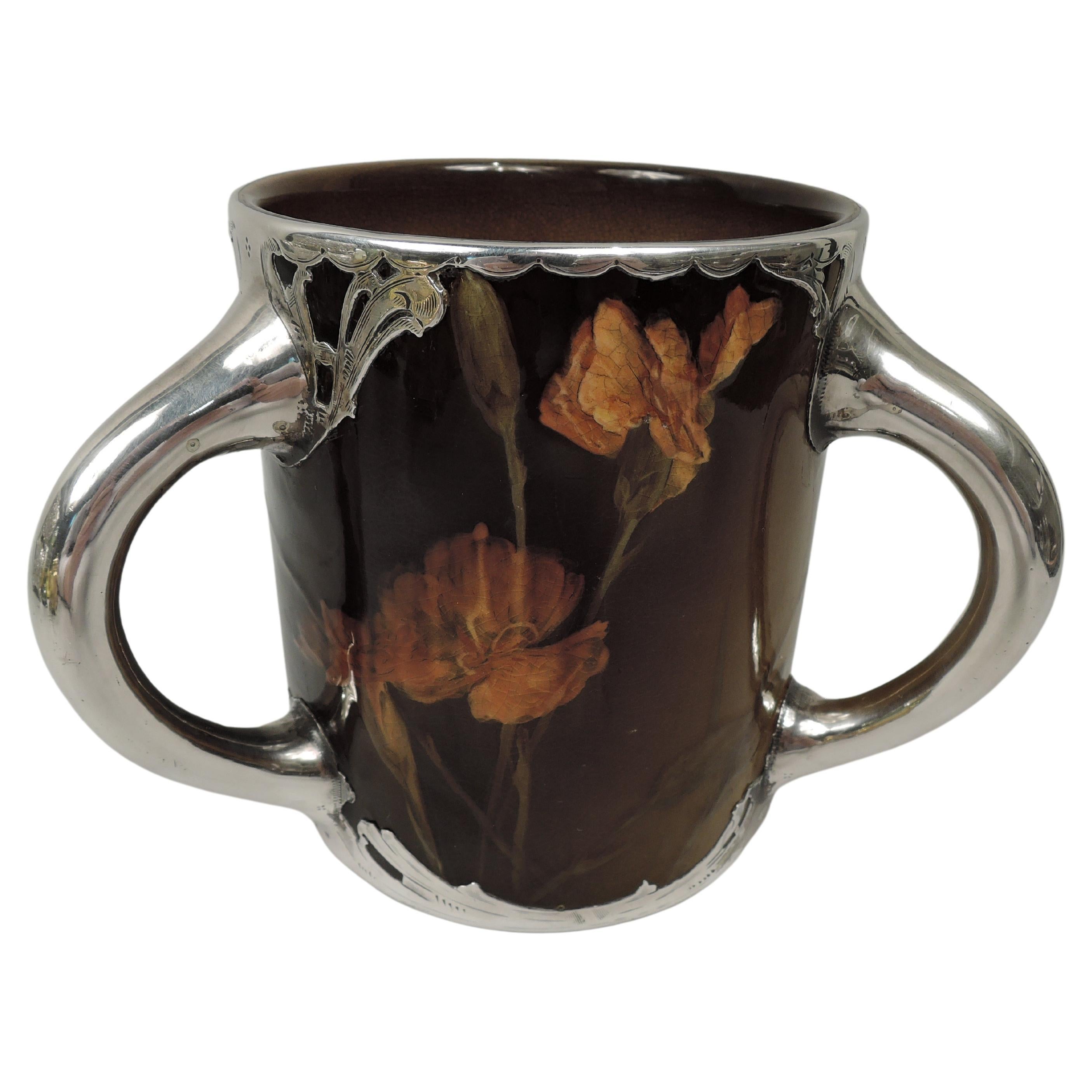 Rookwood Art Nouveau Craftsman Silver Overlay Loving Cup with Flowers