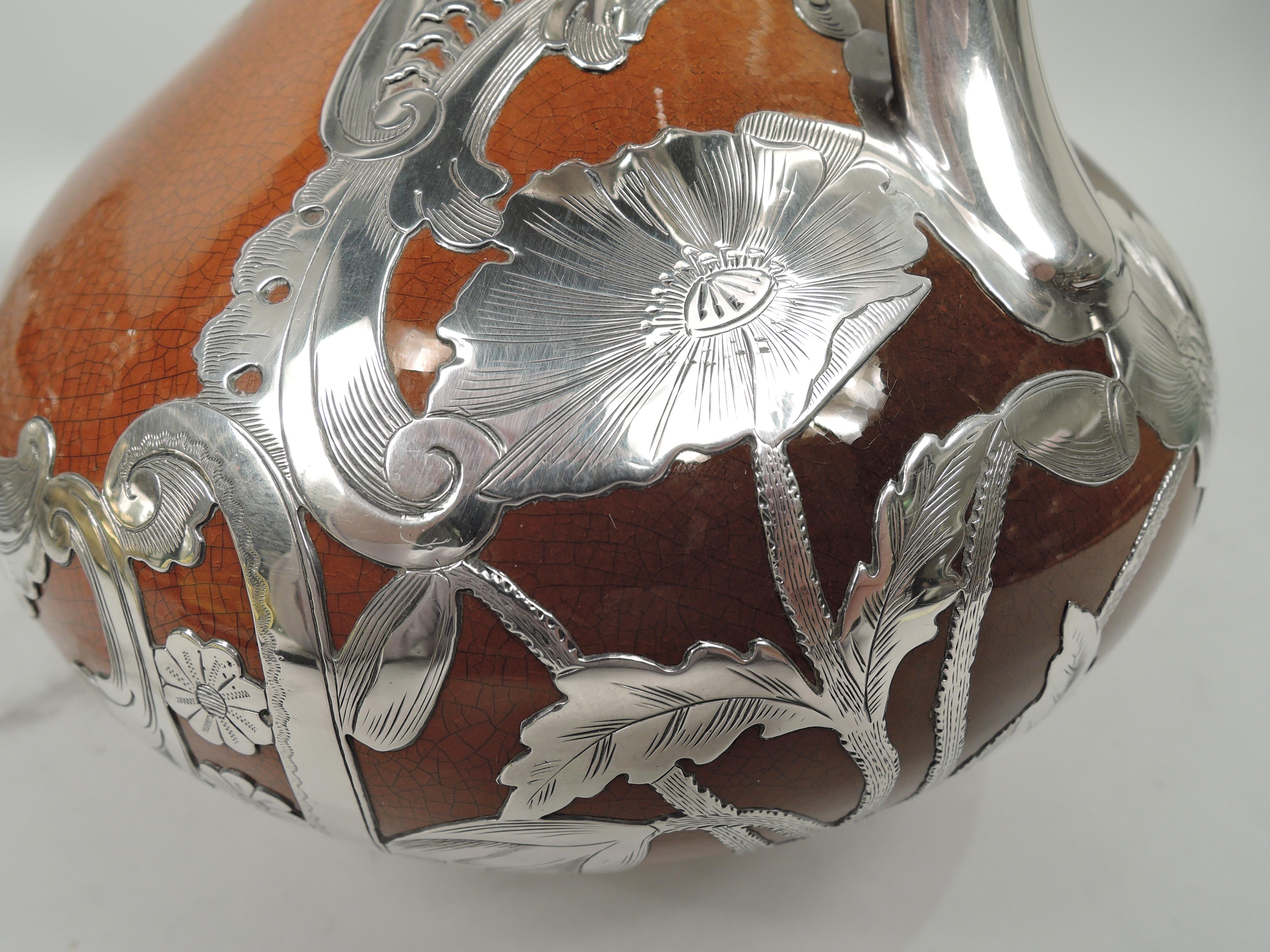 Rookwood Art Nouveau Craftsman Silver Overlay Wine Ewer with Flowers 5