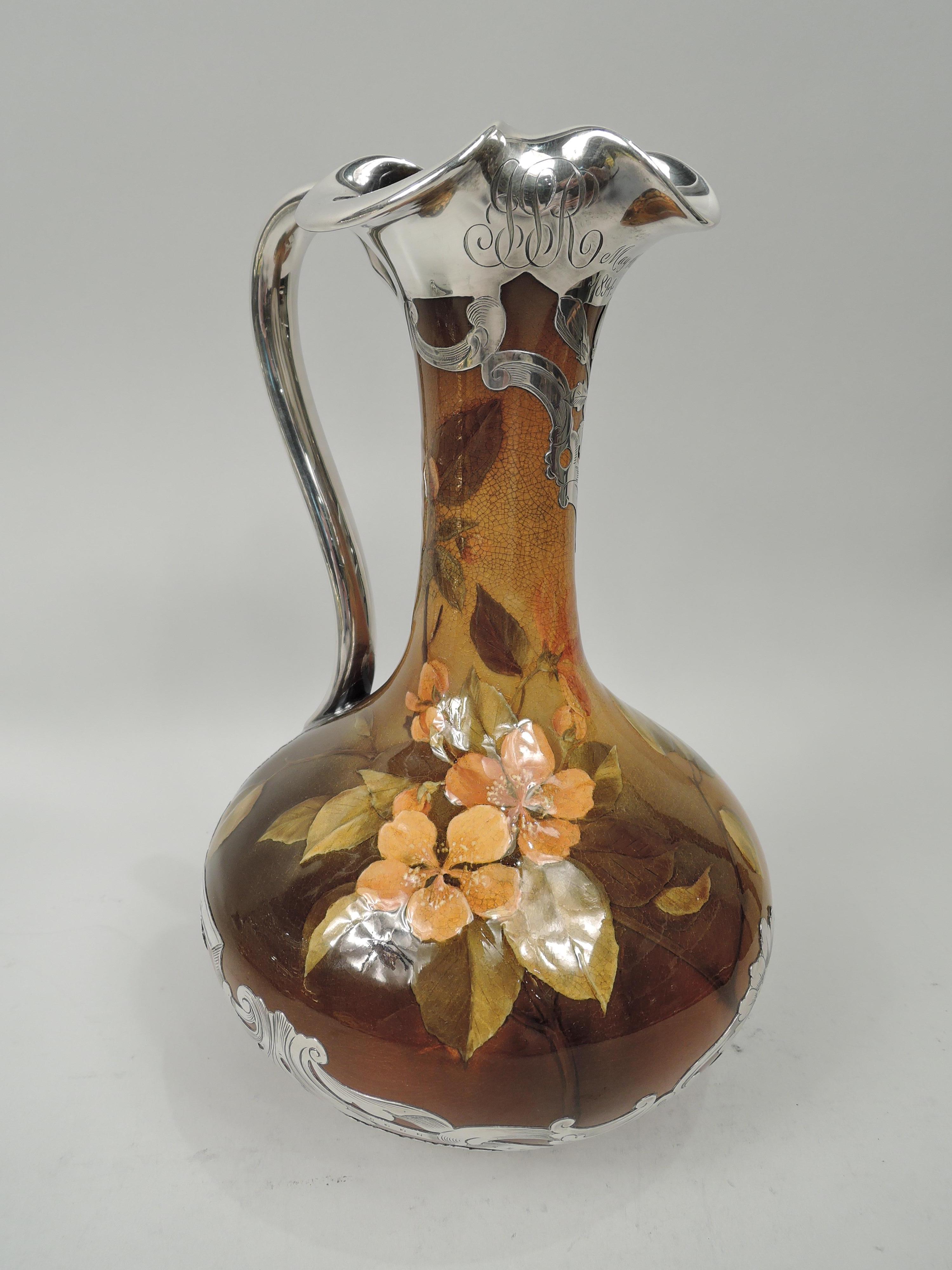 American Rookwood Art Nouveau Craftsman Silver Overlay Wine Ewer with Flowers