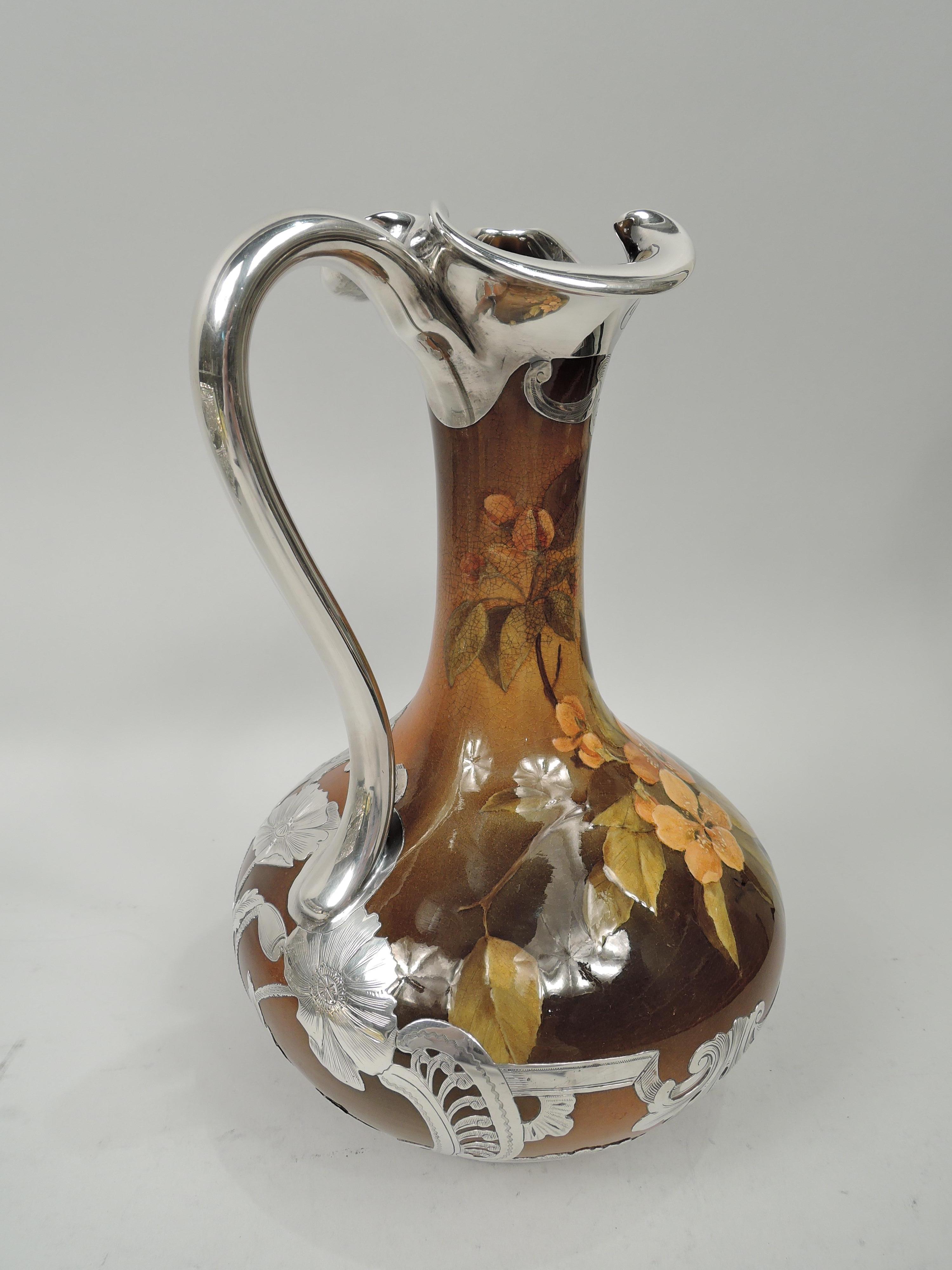 Glazed Rookwood Art Nouveau Craftsman Silver Overlay Wine Ewer with Flowers