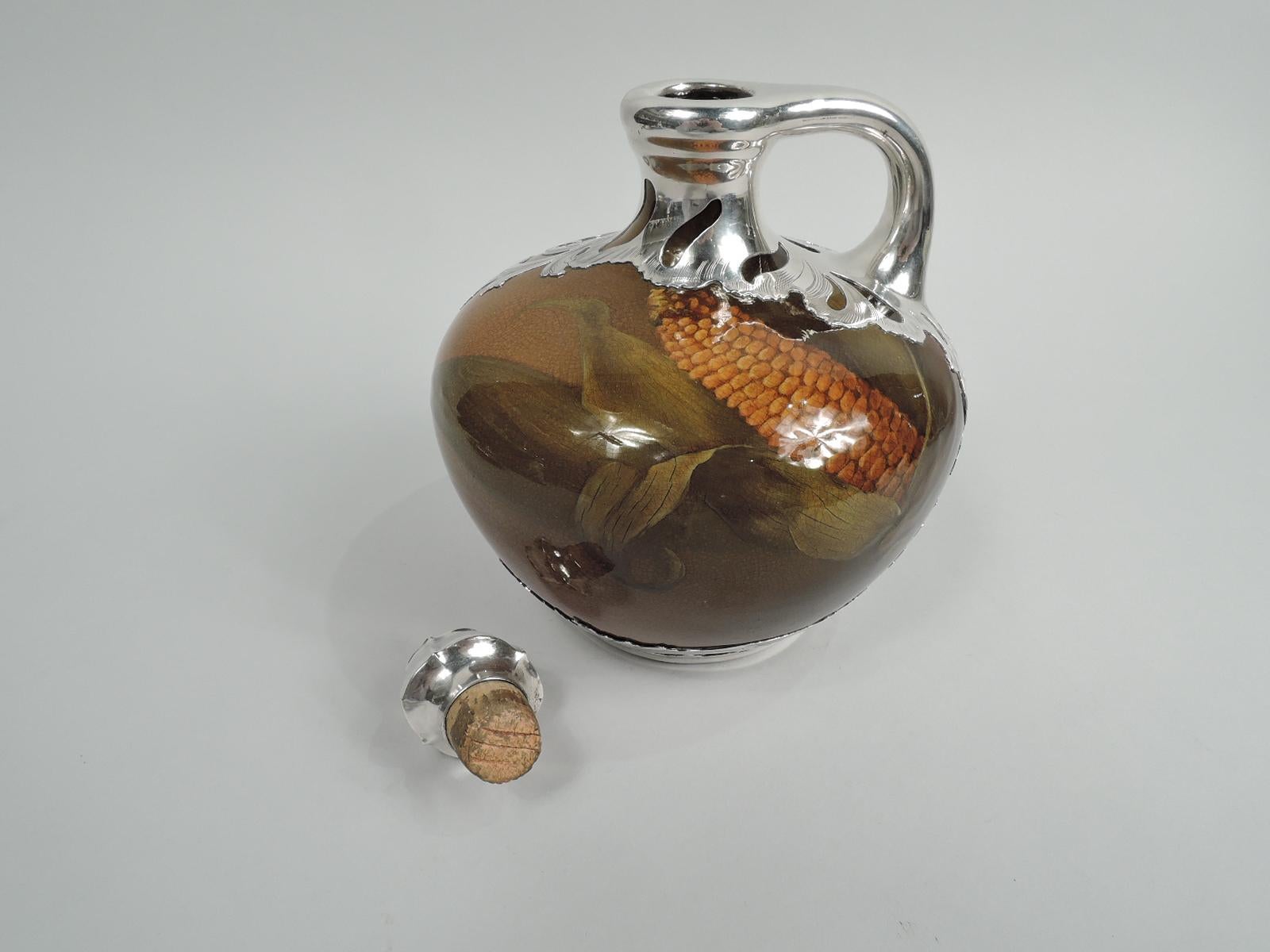 Rookwood Glazed Corncob Jug Decanter with Gorham Silver Overlay In Excellent Condition In New York, NY