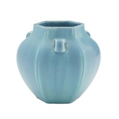 Rookwood hexagonal ceramic vase in a light blue matte glaze, 1925