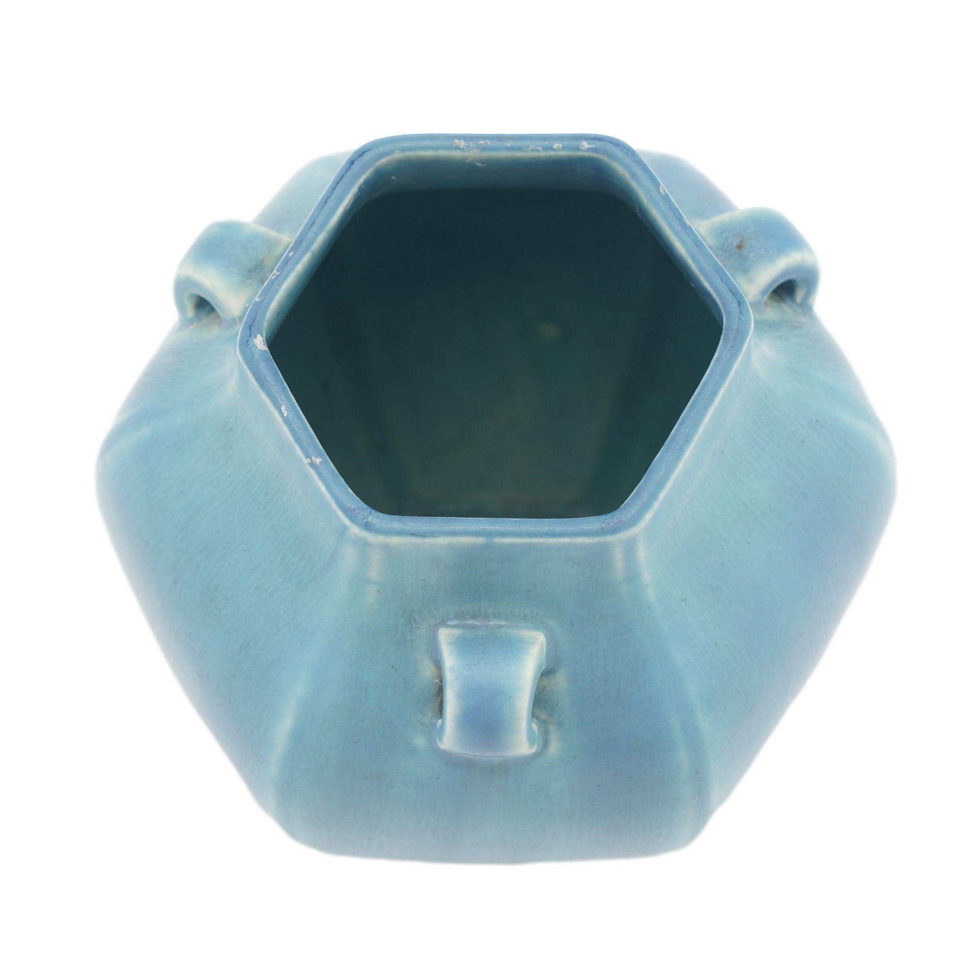 American Rookwood hexagonal ceramic vase in a light blue matte glaze, 1925 For Sale