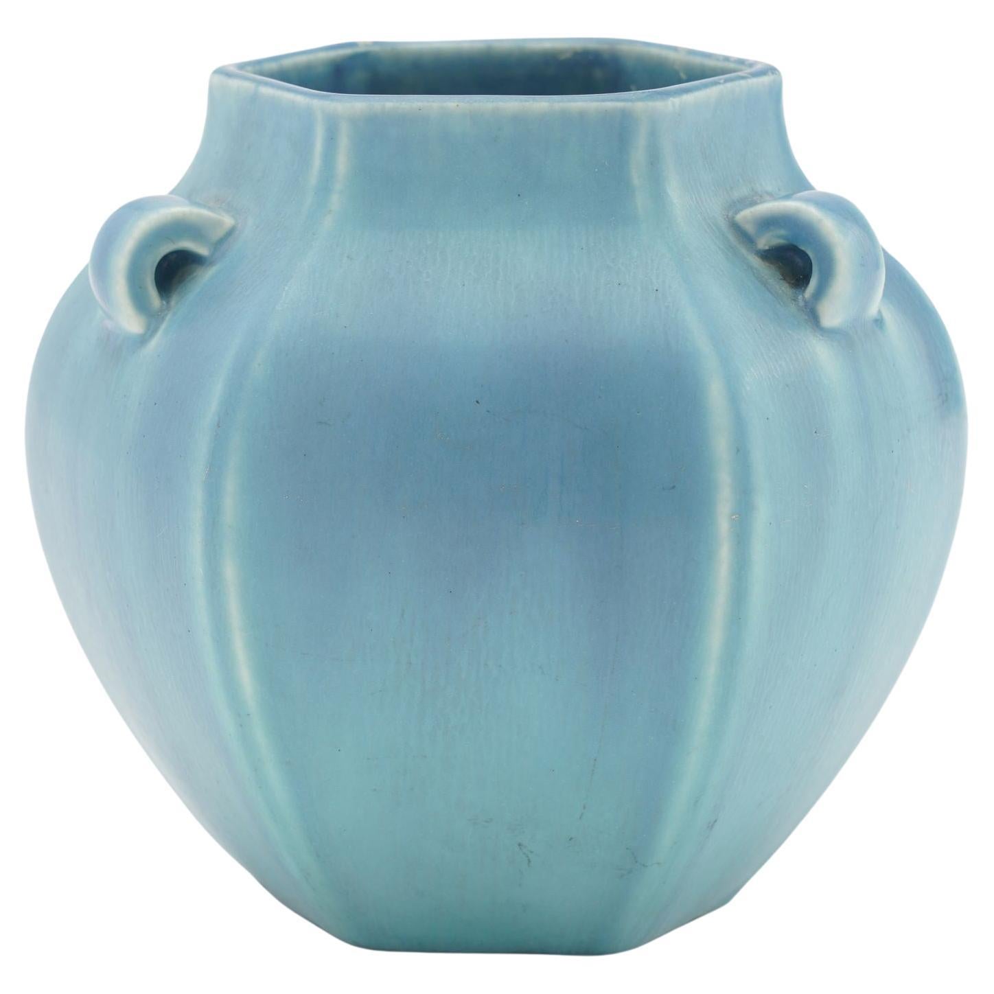 Rookwood hexagonal ceramic vase in a light blue matte glaze, 1925 For Sale