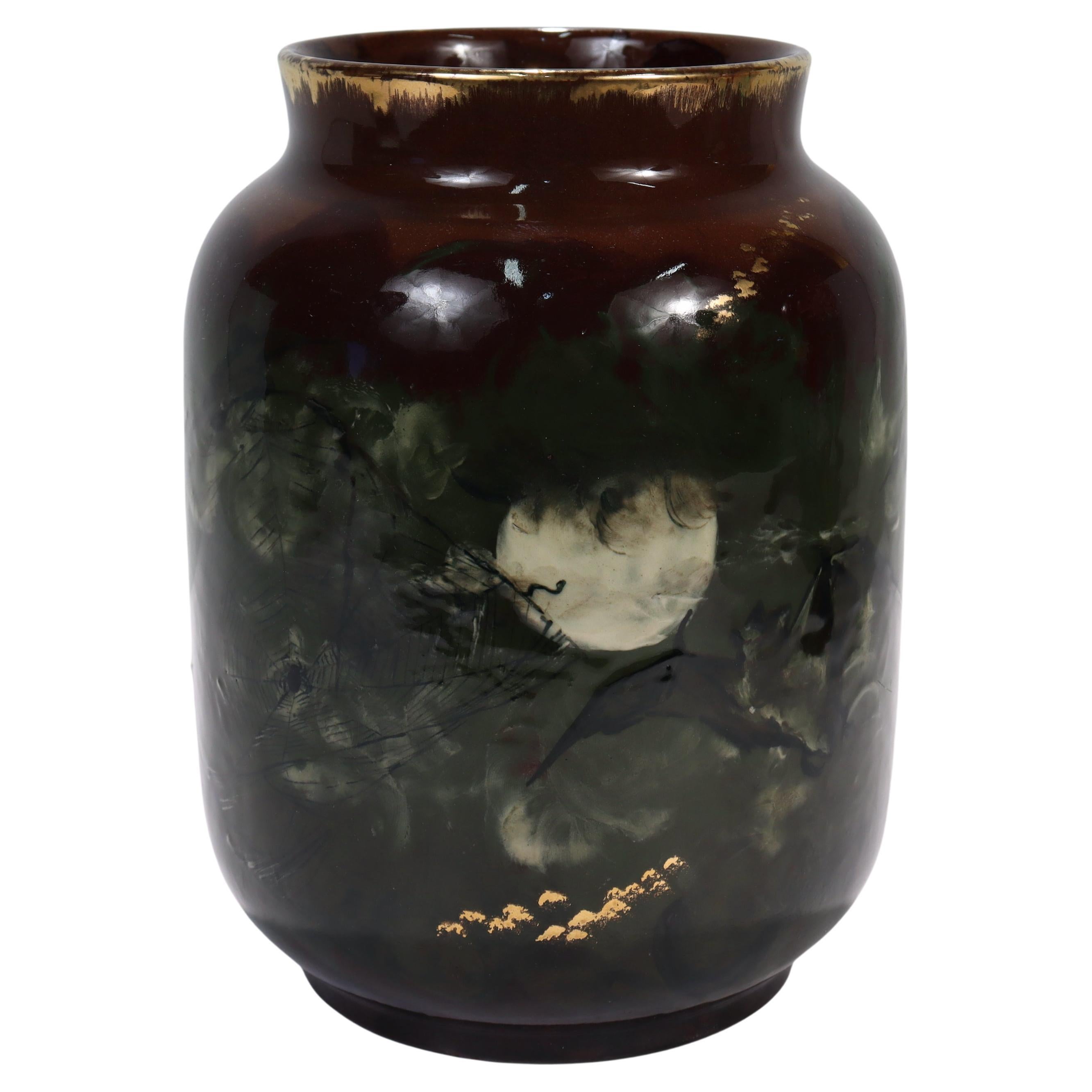 Rookwood Limoges Glazed Vase by Albert Valentin with Bats, Moon, & Spider, 1882