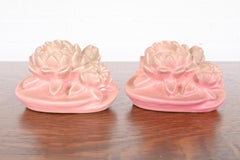 Rookwood Pottery Art Nouveau Glazed Ceramic Pink Lotus Flower Bookends, 1930