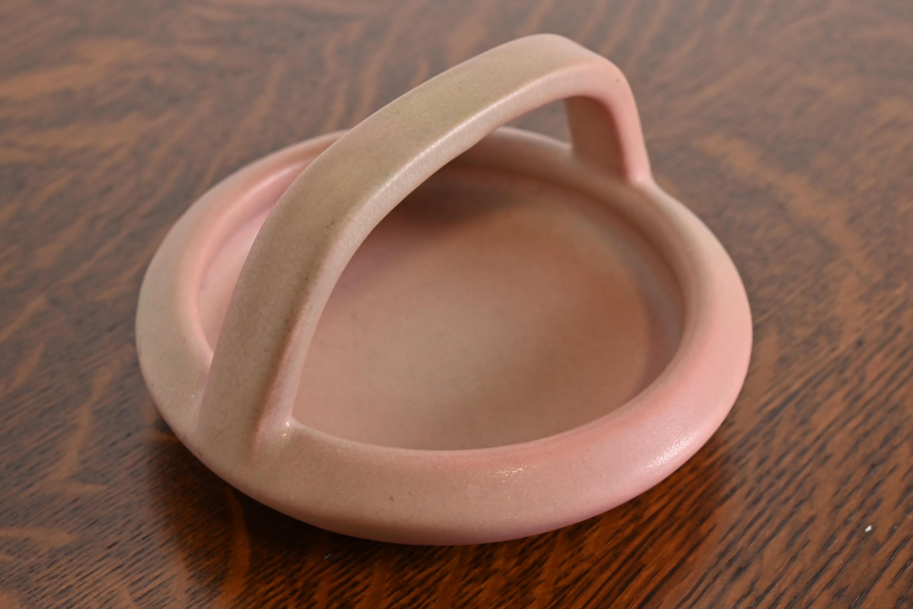 American Rookwood Pottery Arts & Crafts Glazed Ceramic Pink Handled Bowl or Ashtray, 1919 For Sale