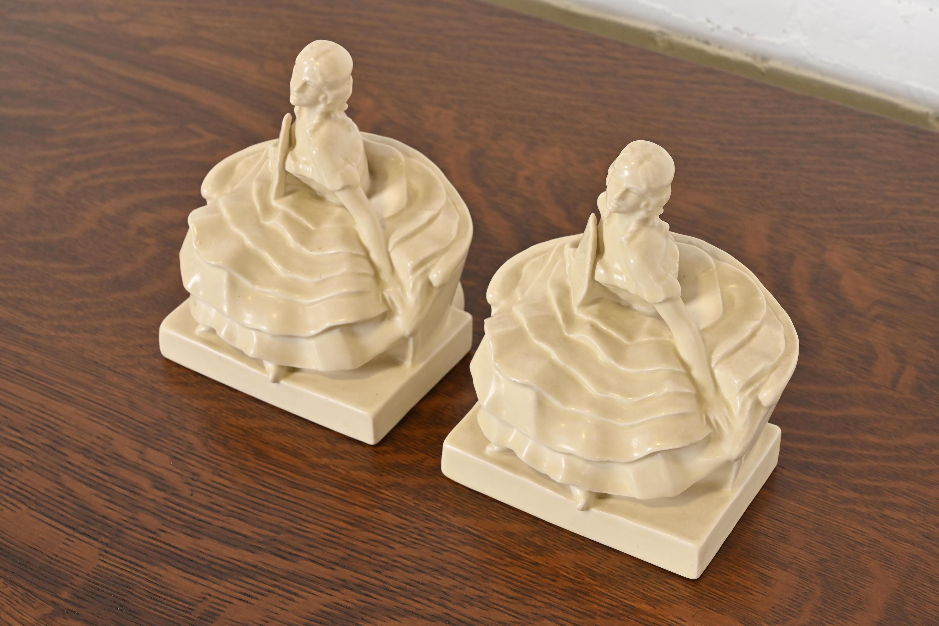 American Rookwood Pottery Arts & Crafts Glazed Ceramic Victorian Lady Bookends, 1931 For Sale
