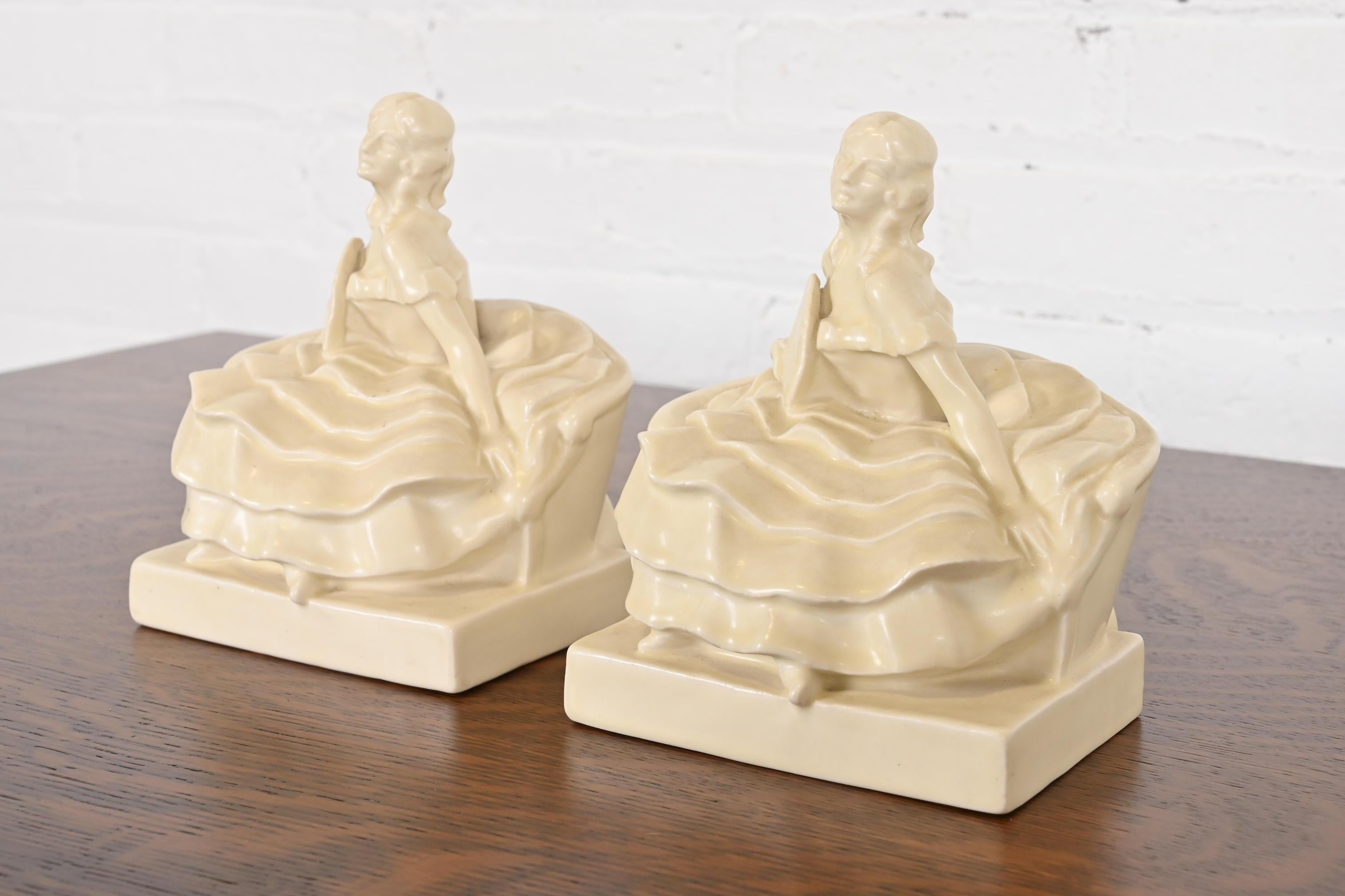 Rookwood Pottery Arts & Crafts Glazed Ceramic Victorian Lady Bookends, 1931 In Good Condition For Sale In South Bend, IN