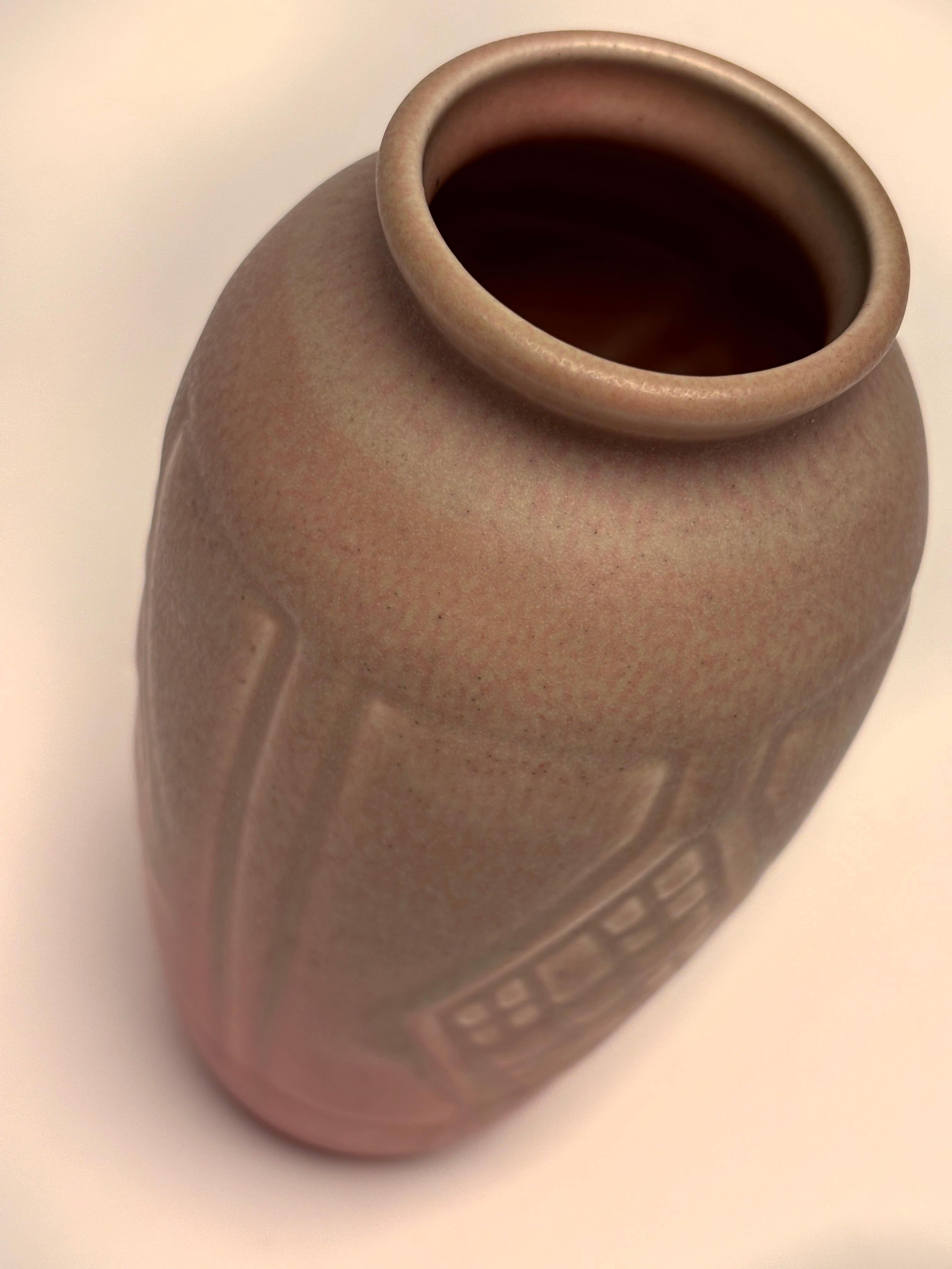 Glazed Rookwood Pottery Arts & Crafts Vase with Geometric Diamond Pattern Matte Glaze For Sale