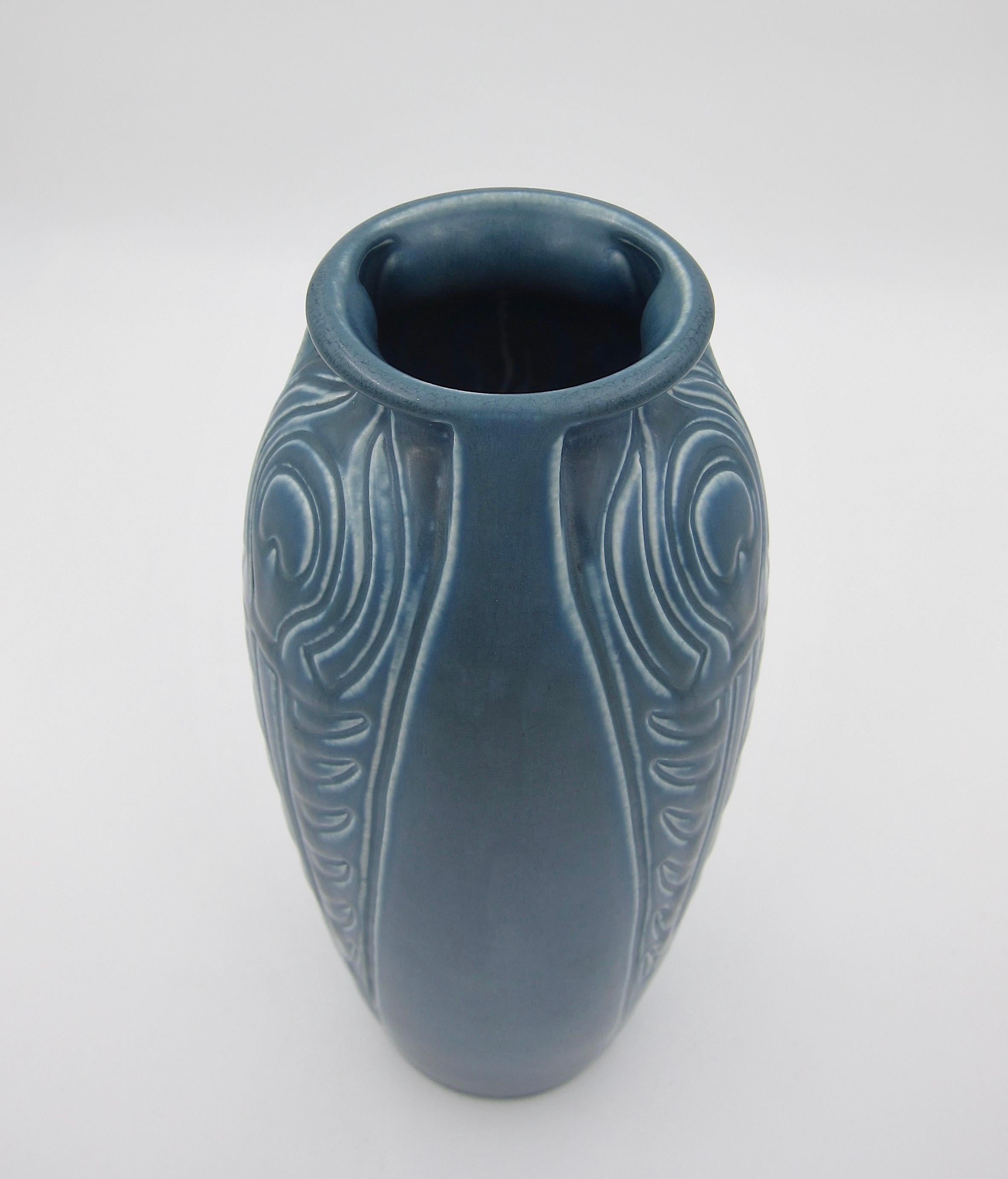 Glazed Rookwood Pottery Buttressed Peacock Feather Vase, 1921