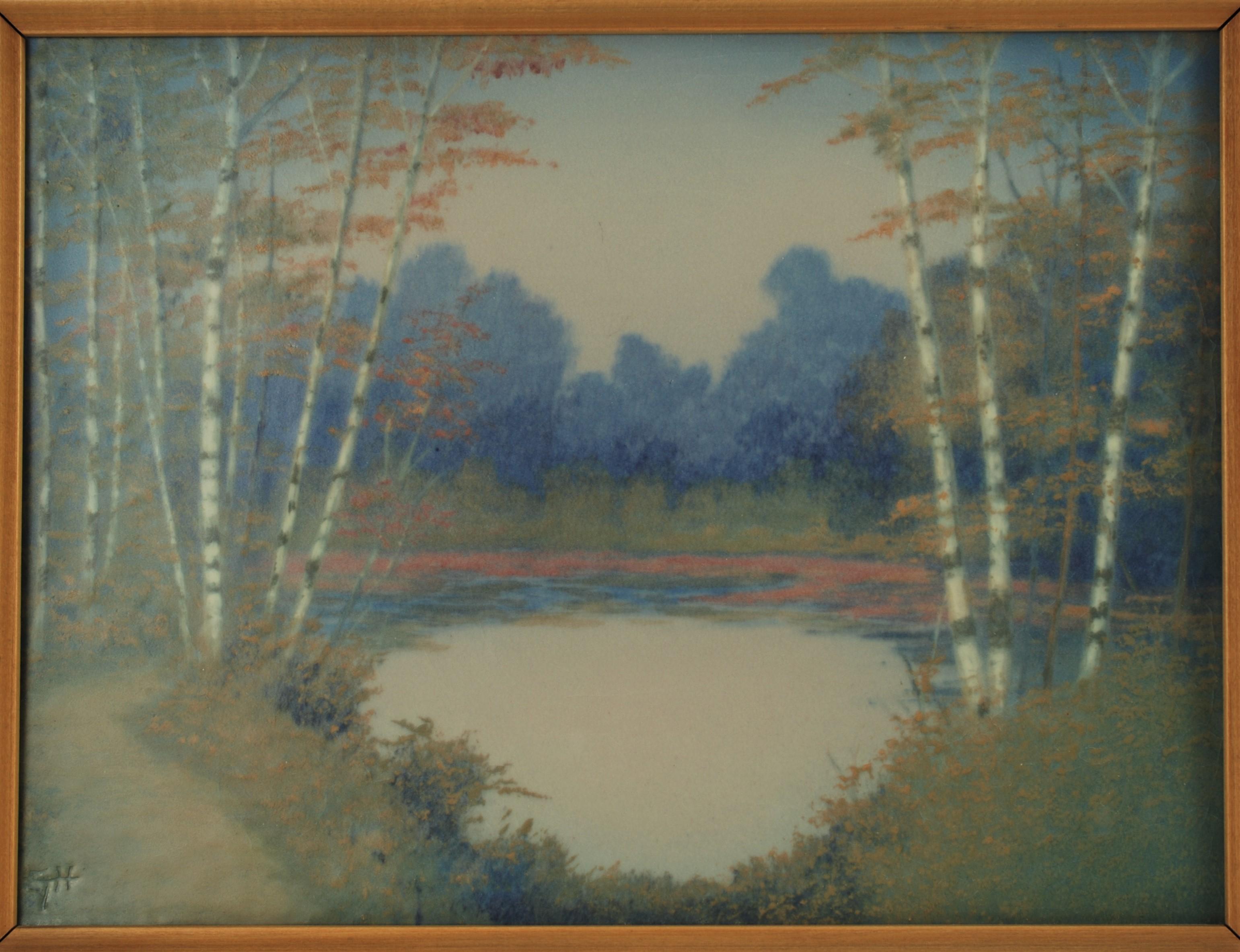This Classic Rookwood vellum glaze scenic plaque was painted by well listed artist E.T. Hurley in 1945 and is housed in its original wood frame. The plaque features groupings of silvery birch trees growing around a small pond along with a footpath