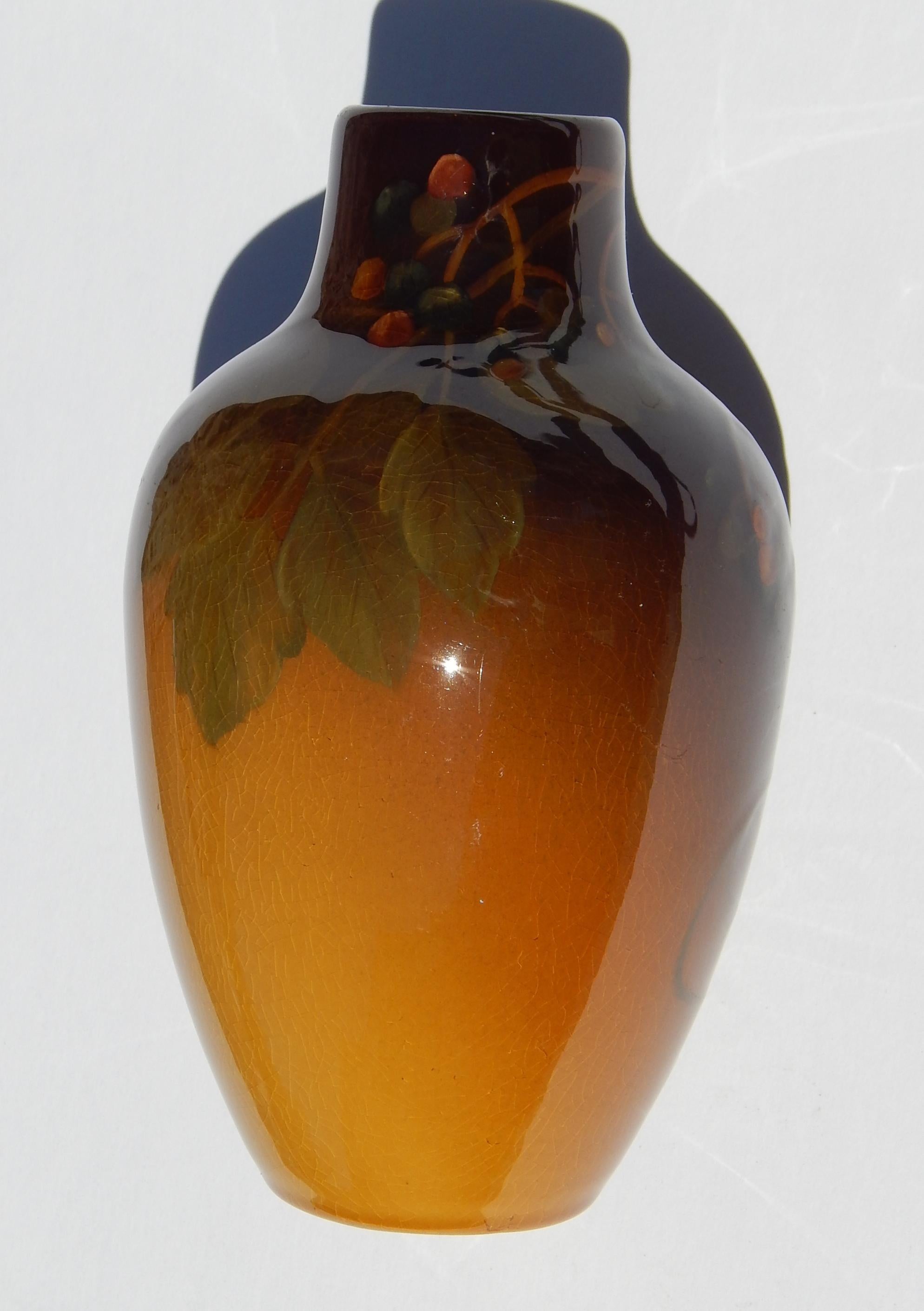 Rookwood pottery standard glaze vase in mint condition.
Marked with the Rookwood mark, JS artist’s initials & 905E.
Measures: 6 5/8