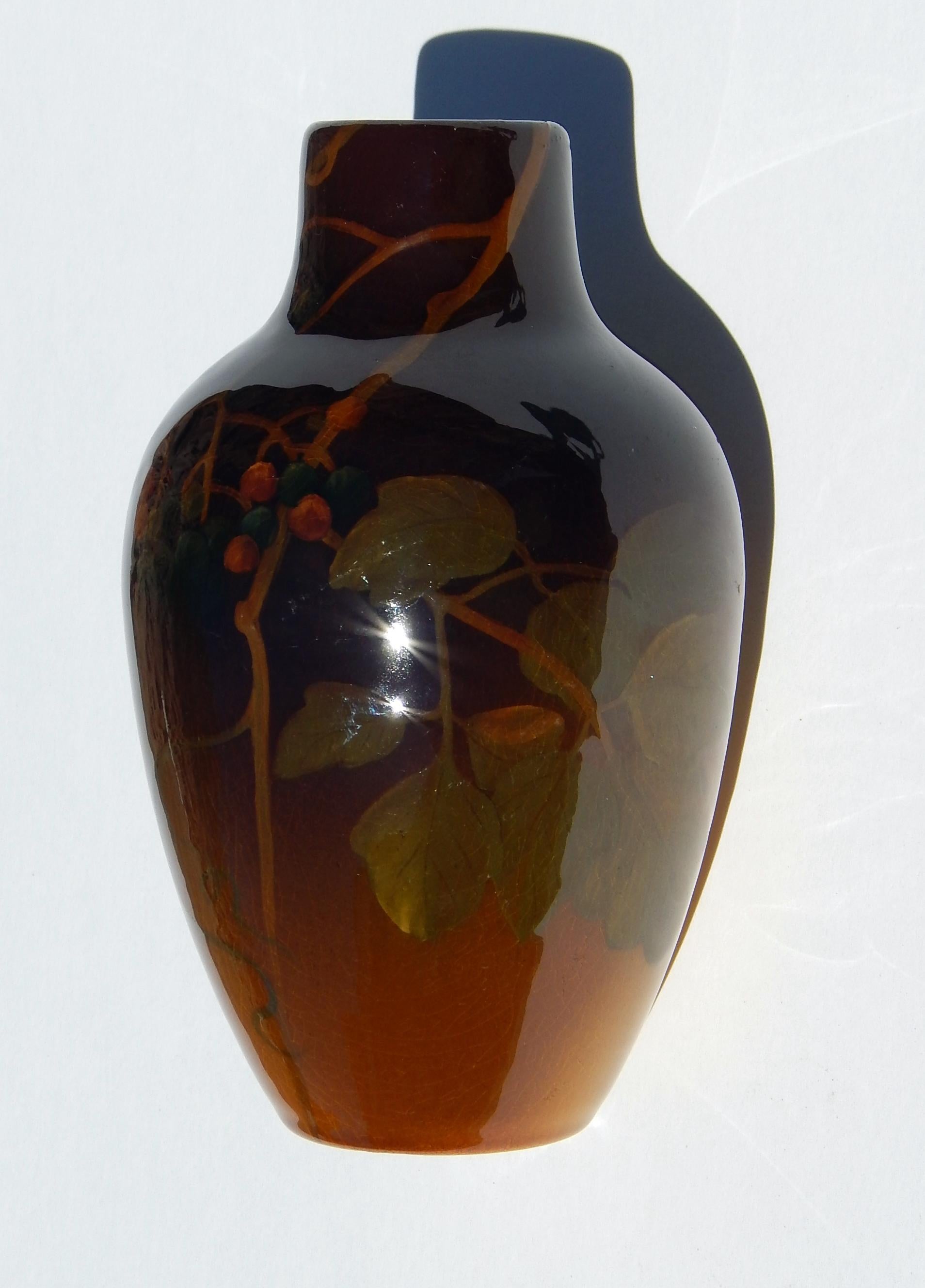 Ceramic Rookwood Standard Glaze Vase Holly Pattern, Artist Jeanette Swing