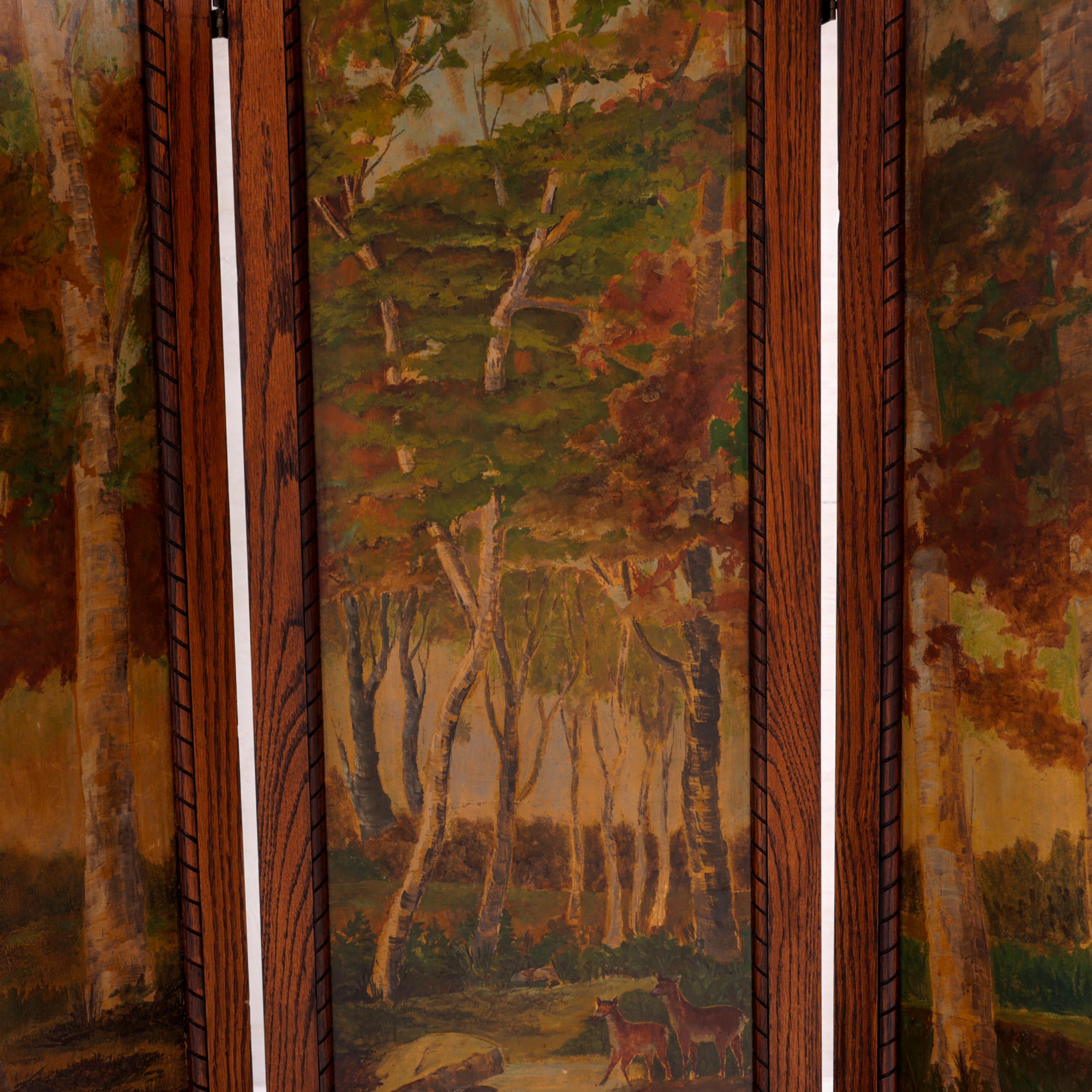 Arts and Crafts-Raumteiler, 3 Tafeln, Öl auf Karton, Eichenholz, Fame Birke Forrest im Zustand „Gut“ in Southbury, CT