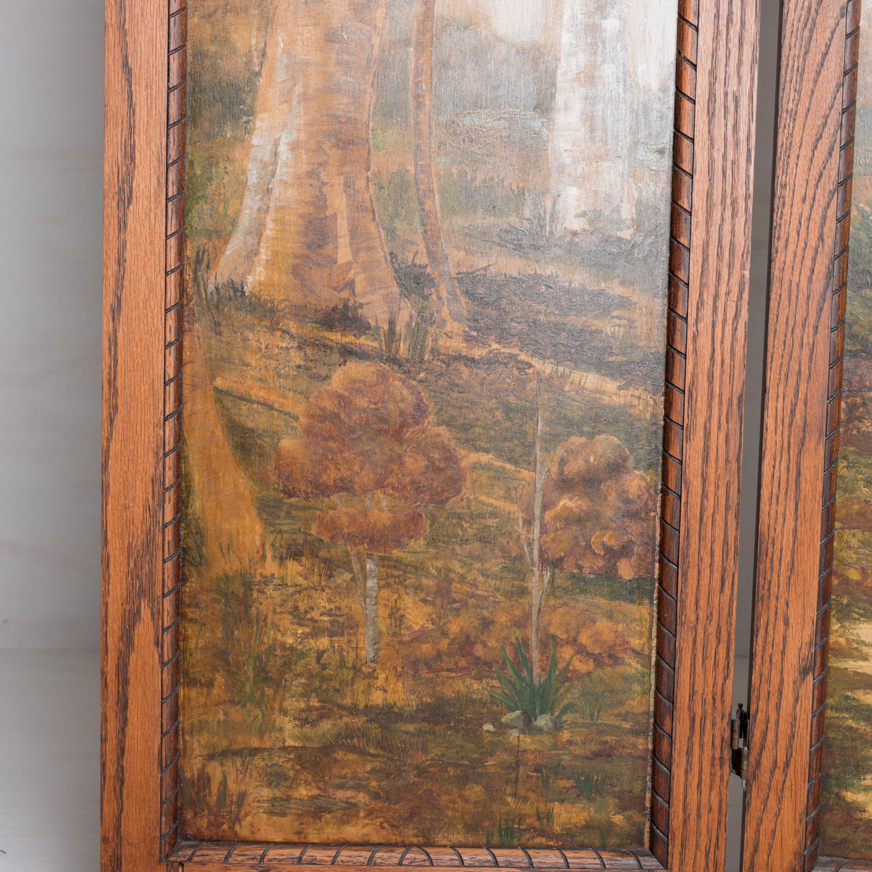 Arts and Crafts-Raumteiler, 3 Tafeln, Öl auf Karton, Eichenholz, Fame Birke Forrest (Bronze)