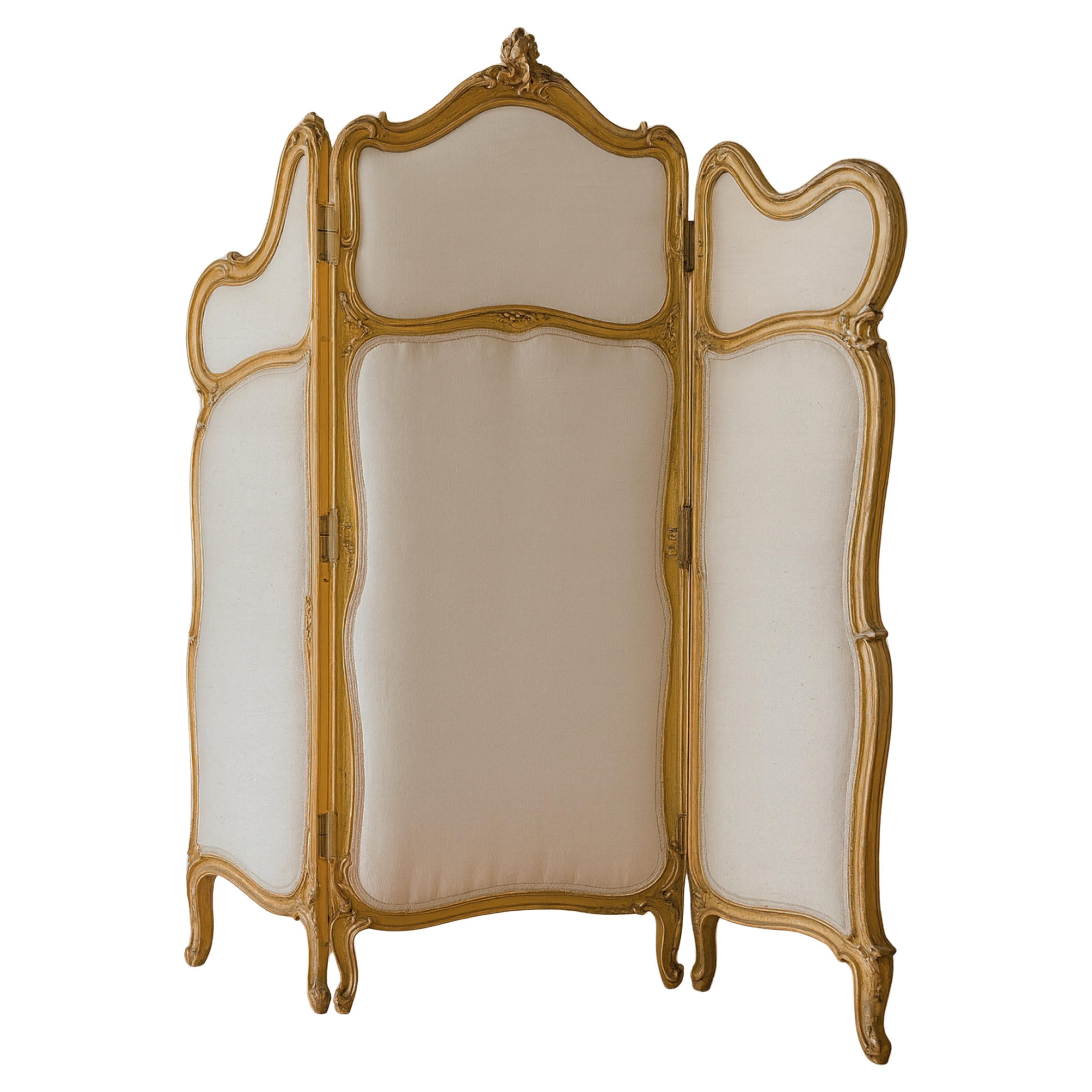 Séparateur de pièce Style Louis XV Wood doré, écran à trois panneaux, 20e siècle