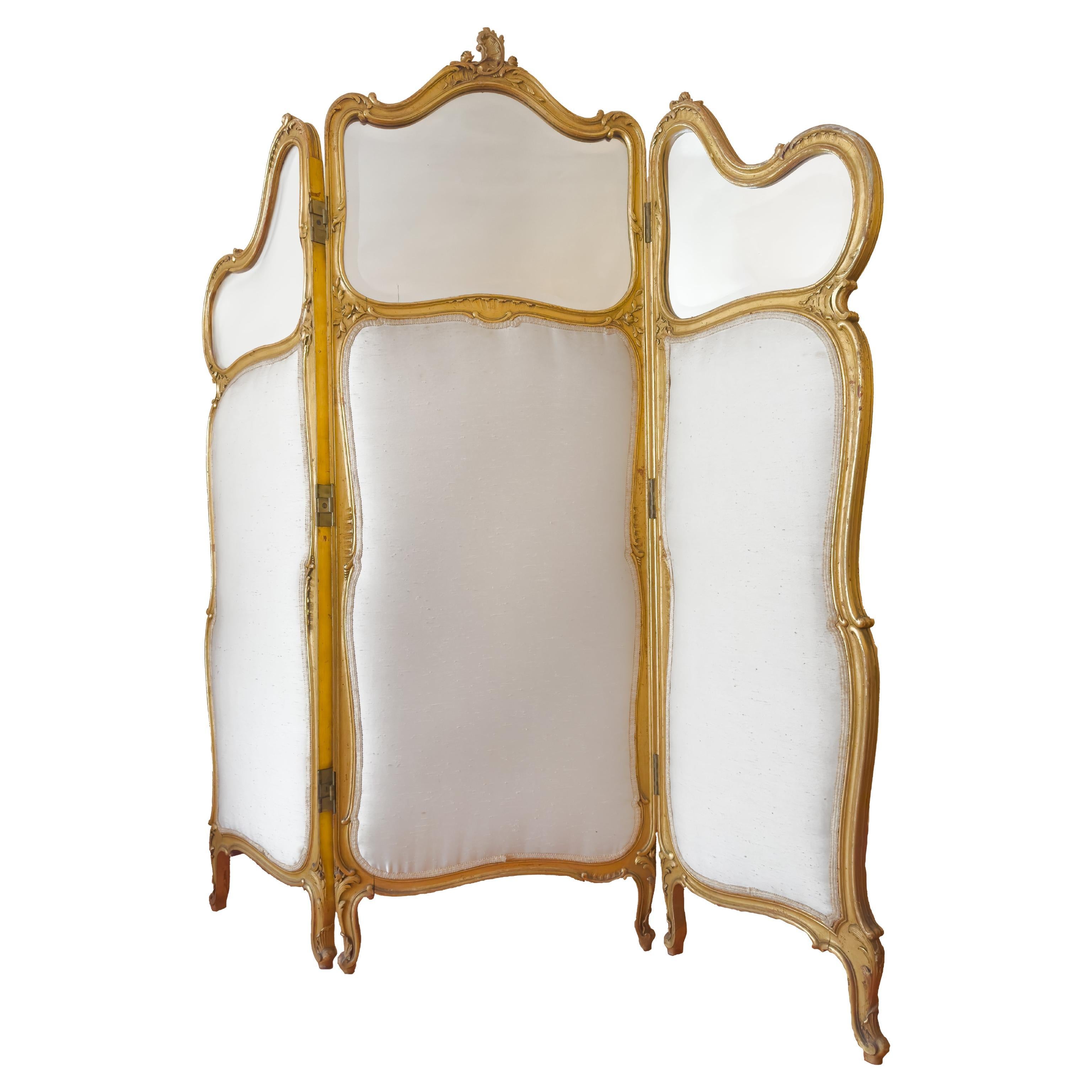 Room Divider Louis XV Style Gilded Wood, Three-Panel Screen, 20th Century
