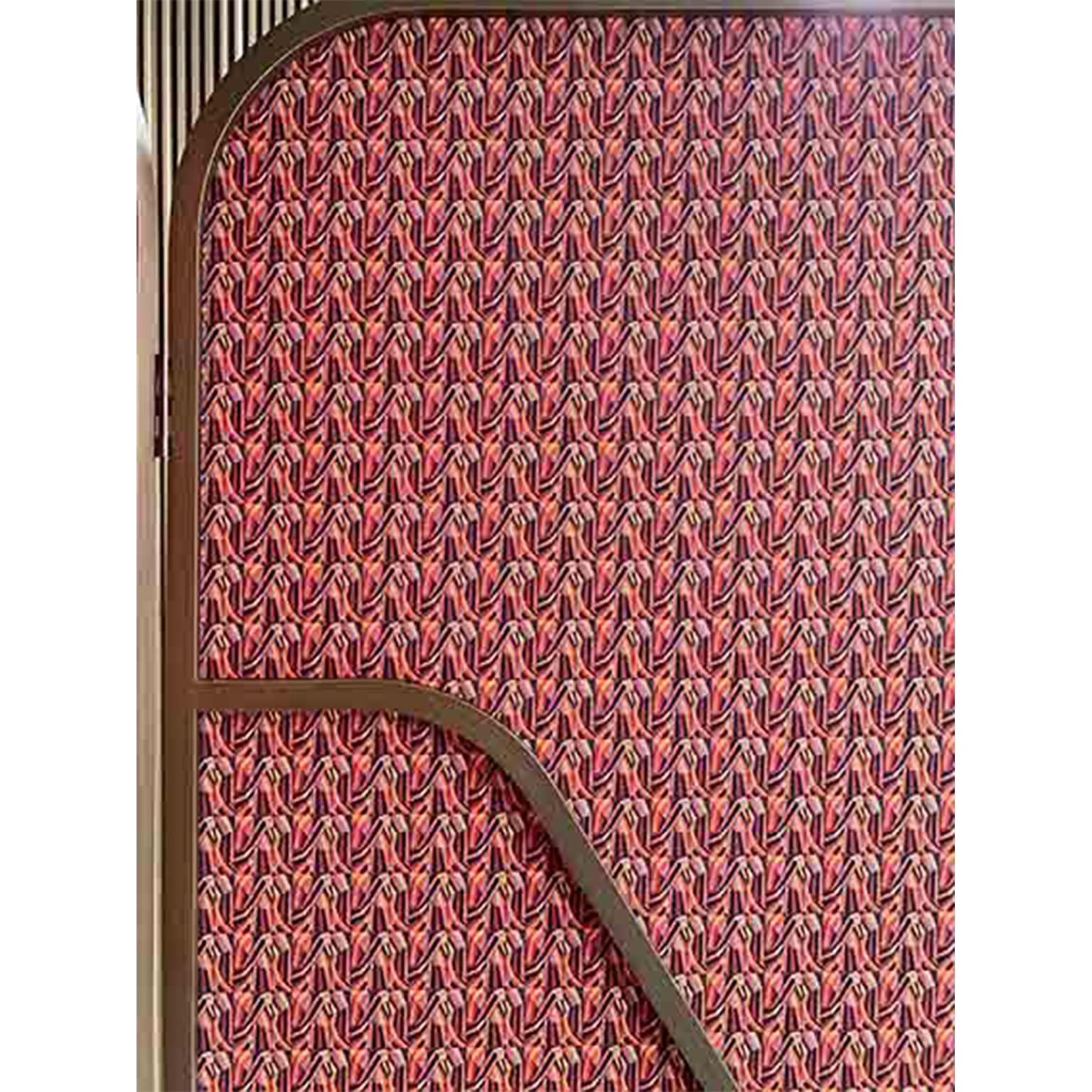 Burnished Room Divider Floor Screen in Brass Frame with Fabric-Printed Pattern Panels For Sale