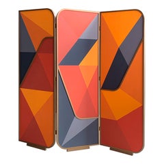 Room Divider Floor Screen in Brass Frame with Wood Hand Painted Pattern Panels