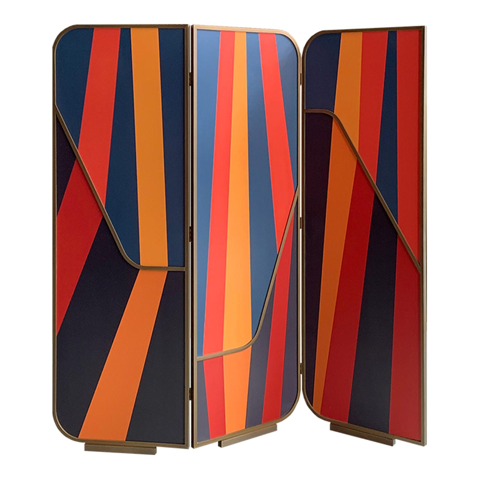 A screen partition/ room-divider with three double-sided panels. 
In collaboration with the renowned Milan-based artist Marco Petrus, Carlo Donati Studio introduces the new Shade Abstractions Room-Divider Collection, first exhibited during the