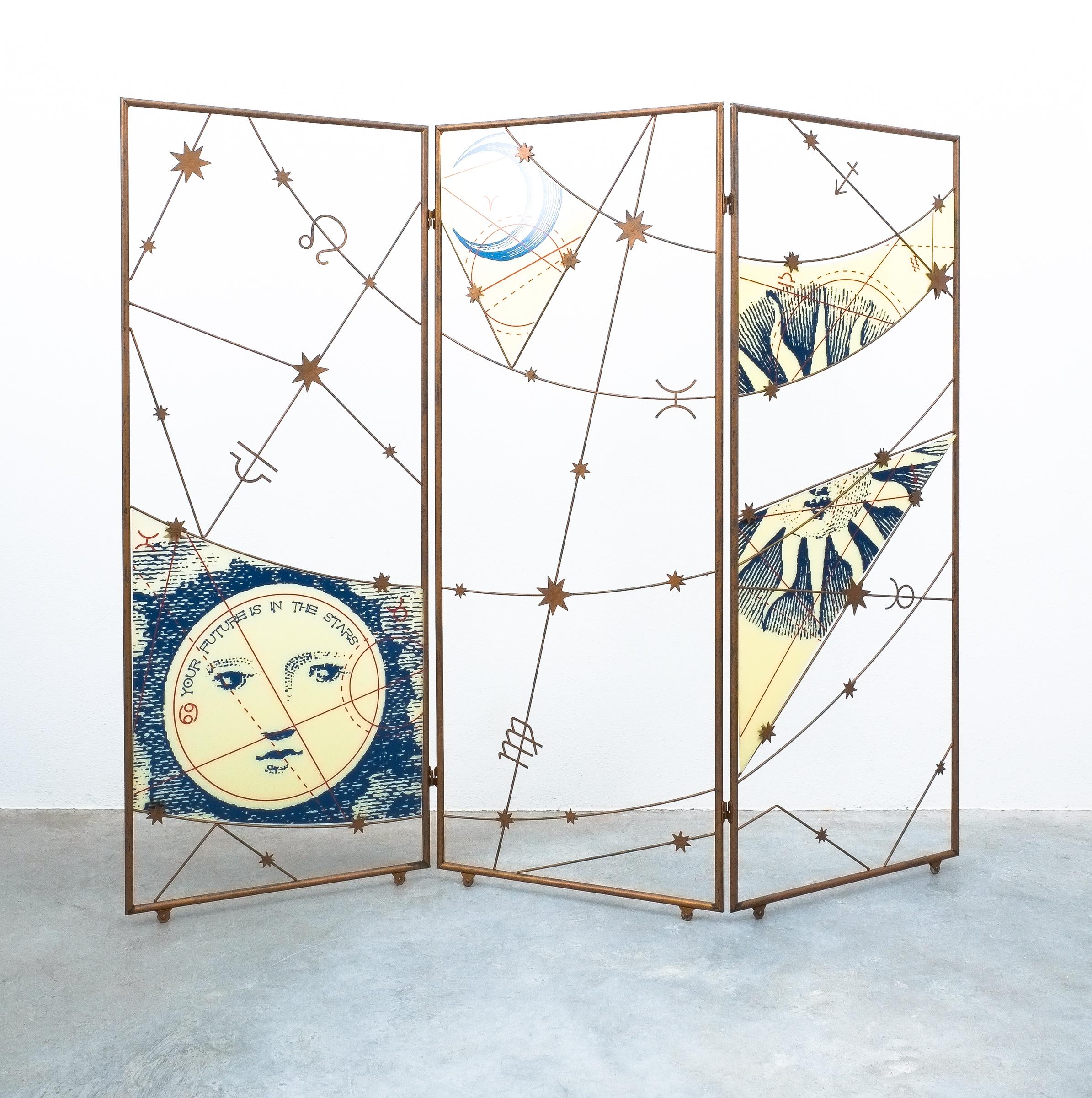 Room divider screen Paravant, Italy, circa 1955

This very large screen in the style of Fornasetti has been handmade from iron and screen-printed Lucite. It moves on customized casters and is in very good condition. Measurements are 96