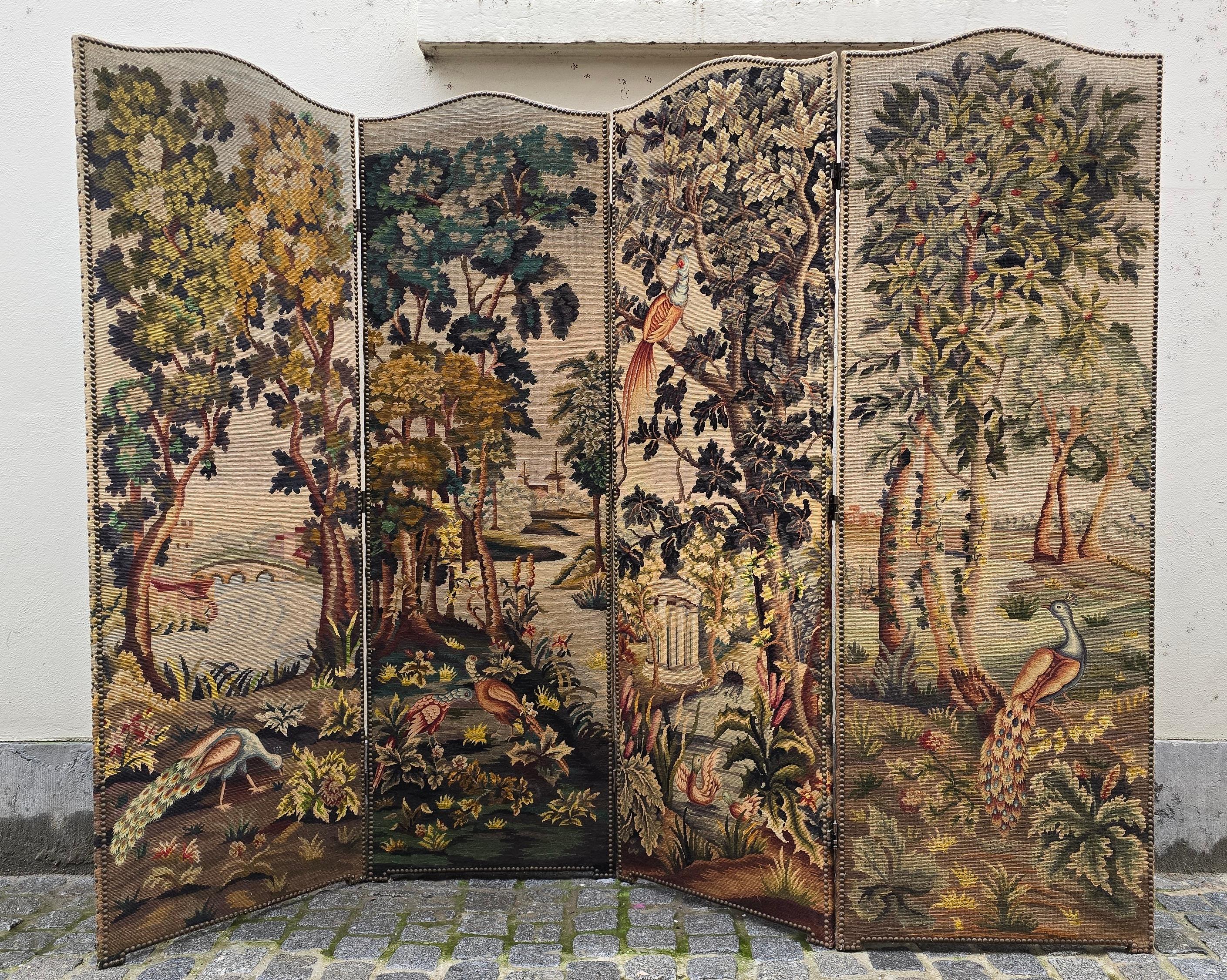 French Room Divider with Aubusson Tapestries Featuring Birds and Floral Motifs For Sale