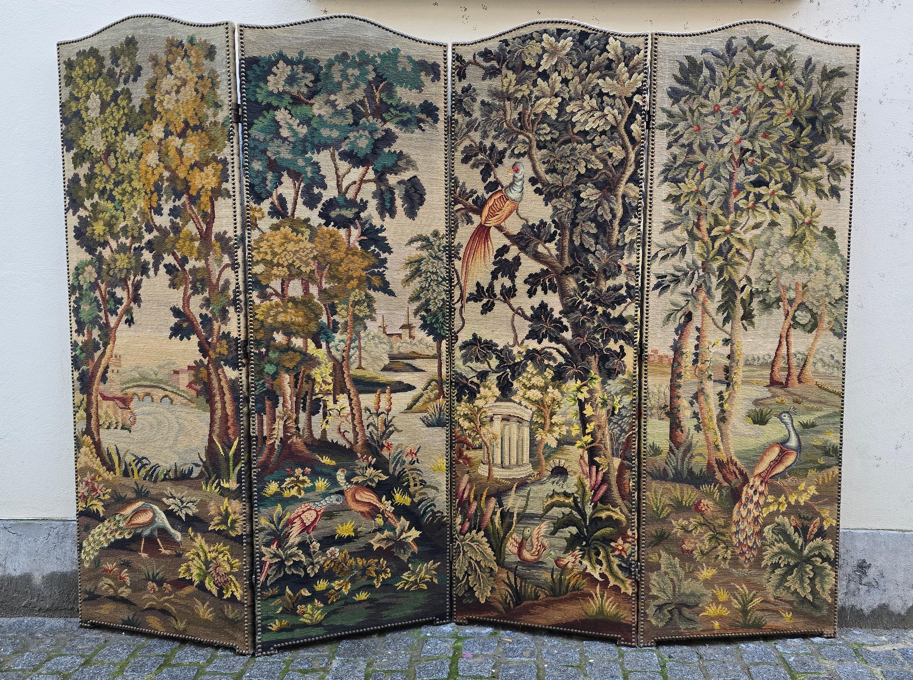 Hand-Crafted Room Divider with Aubusson Tapestries Featuring Birds and Floral Motifs For Sale