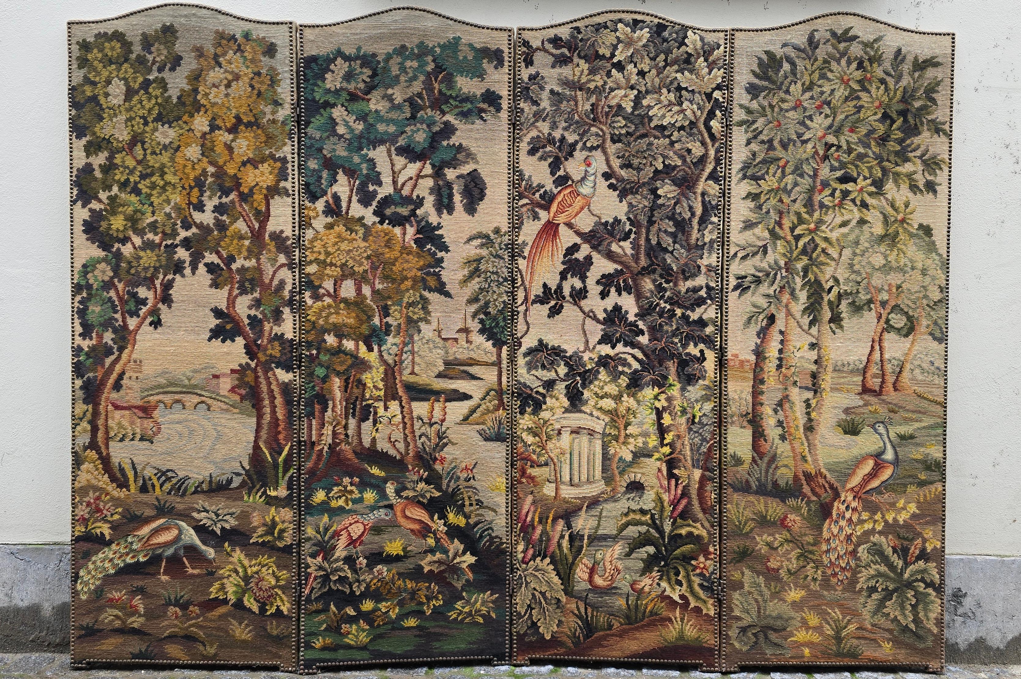 20th Century Room Divider with Aubusson Tapestries Featuring Birds and Floral Motifs For Sale